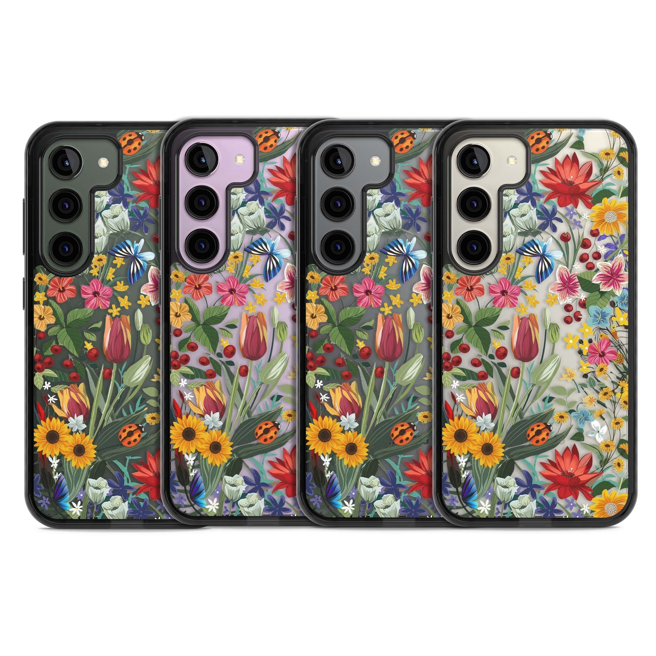 Botanical Bloom cottagecore iPhone case featuring colorful wildflowers, sunflowers, and ladybugs on clear background | Black Impact case for Samsung Galaxy S24, Samsung Galaxy S23, Samsung Galaxy S22