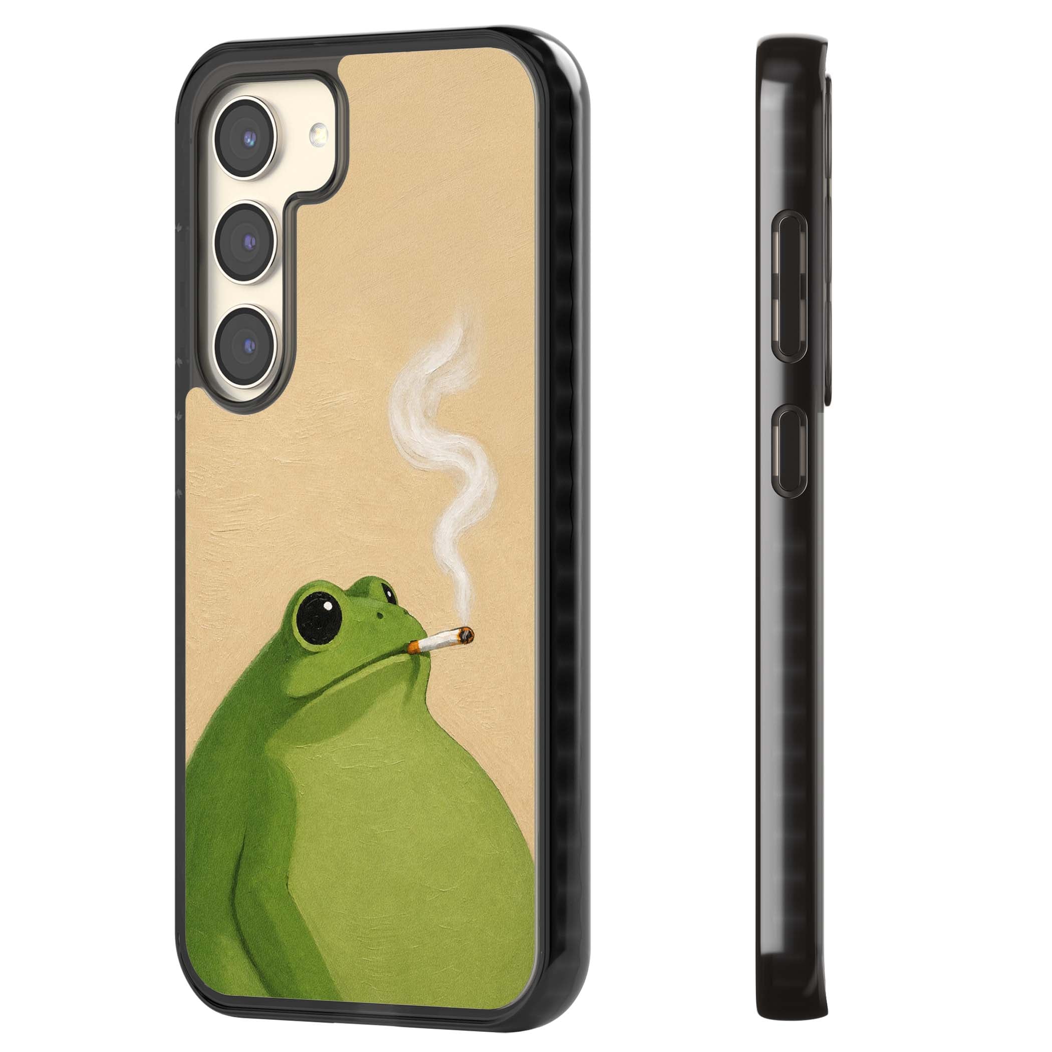The Smoking Frog cottagecore iPhone case featuring a hand-painted green frog smoking a cigarette on a cream oil painting back | Black Impact case for Samsung Galaxy S24, Samsung Galaxy S23, Samsung Galaxy S22
