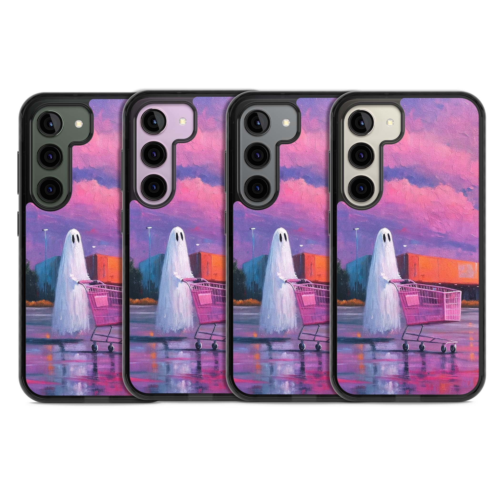 A Ghost's Errand ghost halloween iPhone case featuring a painted ghost, pink shopping trolley and purple sunset sky | Black Impact case for Samsung Galaxy S24, Samsung Galaxy S23, Samsung Galaxy S22