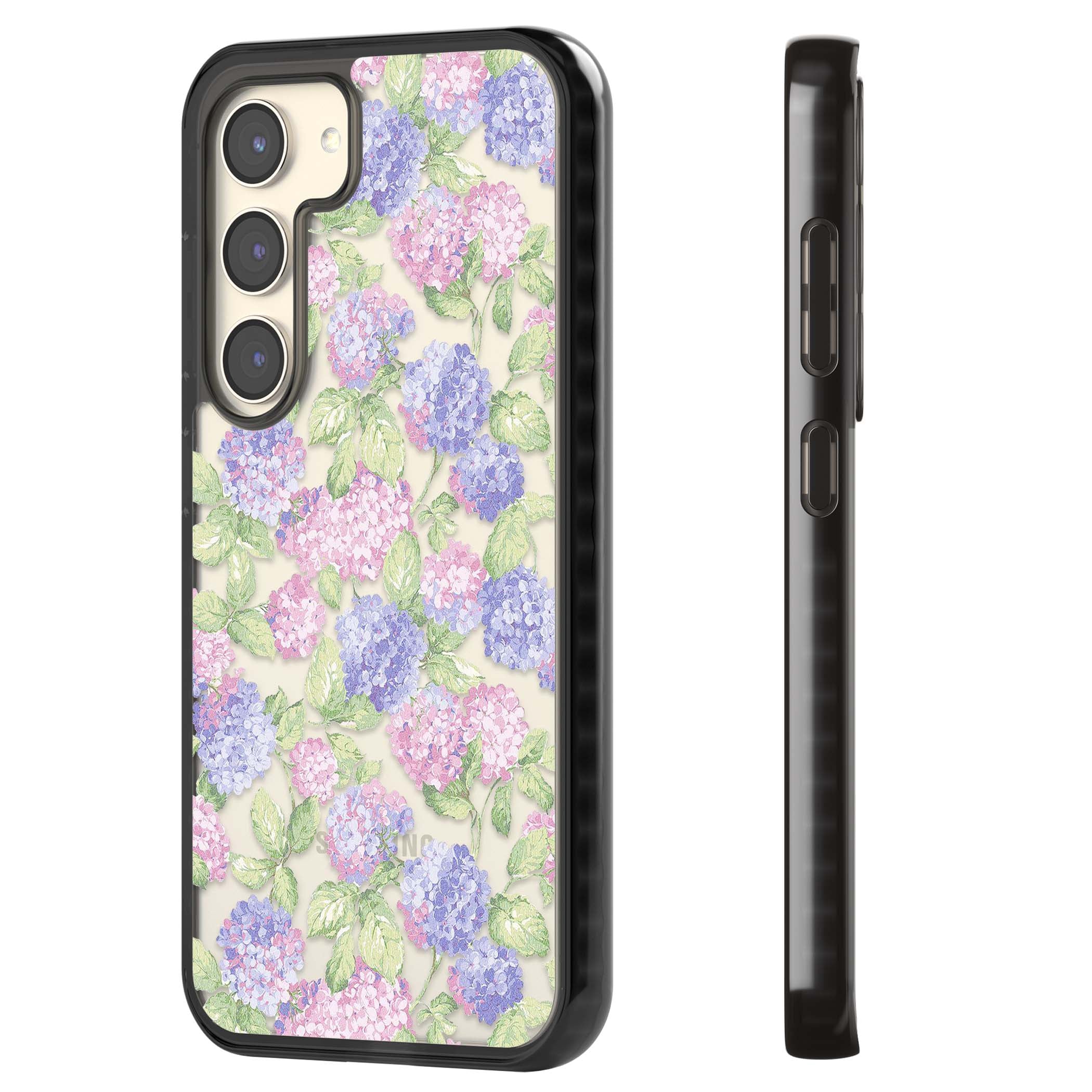 Cottage Hydrangea cottagecore iPhone case featuring pink and purple hydrangea blooms with green leaves on a clear background | Black Impact case for Samsung Galaxy S24, Samsung Galaxy S23, Samsung Galaxy S22