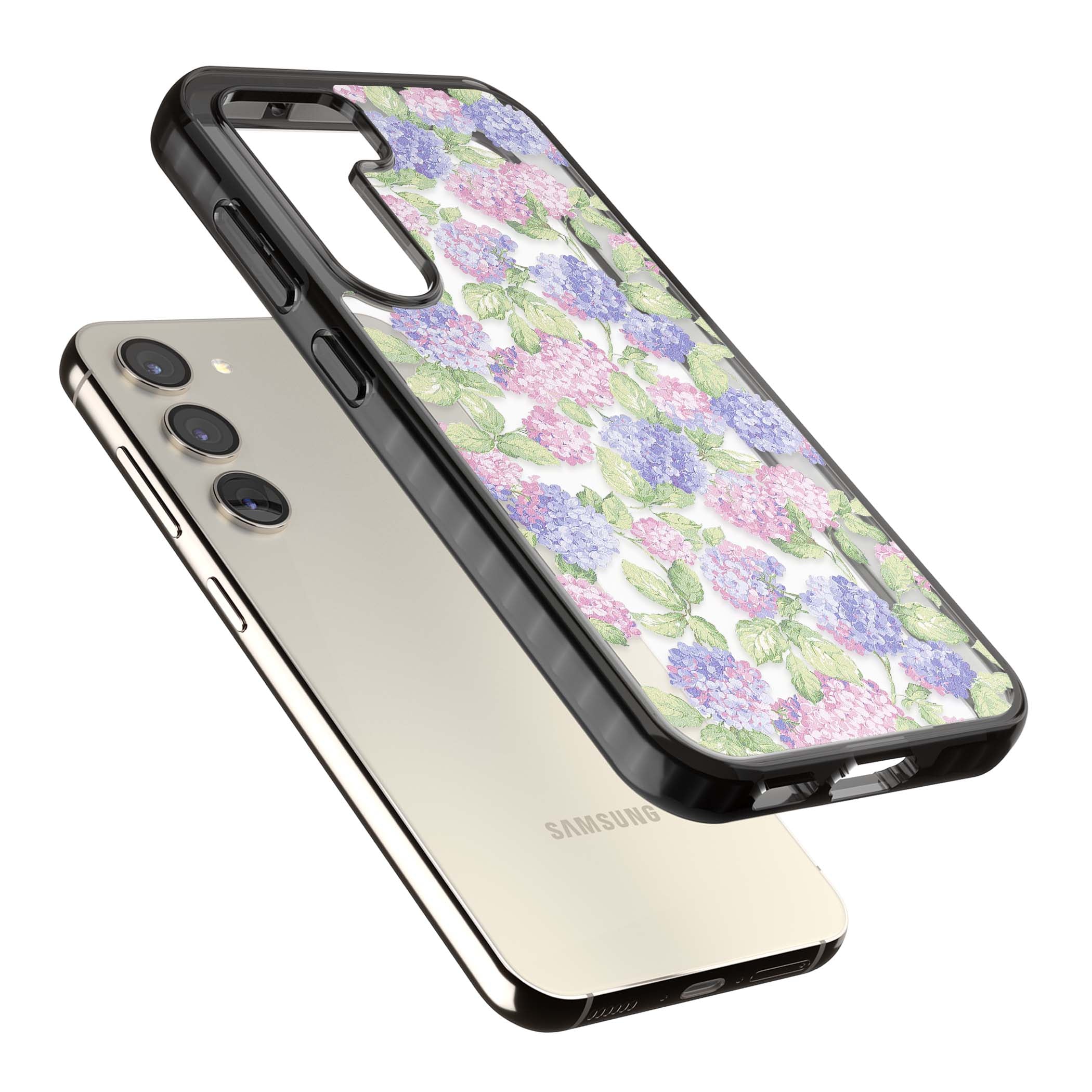 Cottage Hydrangea cottagecore iPhone case featuring pink and purple hydrangea blooms with green leaves on a clear background | Black Impact case for Samsung Galaxy S24, Samsung Galaxy S23, Samsung Galaxy S22