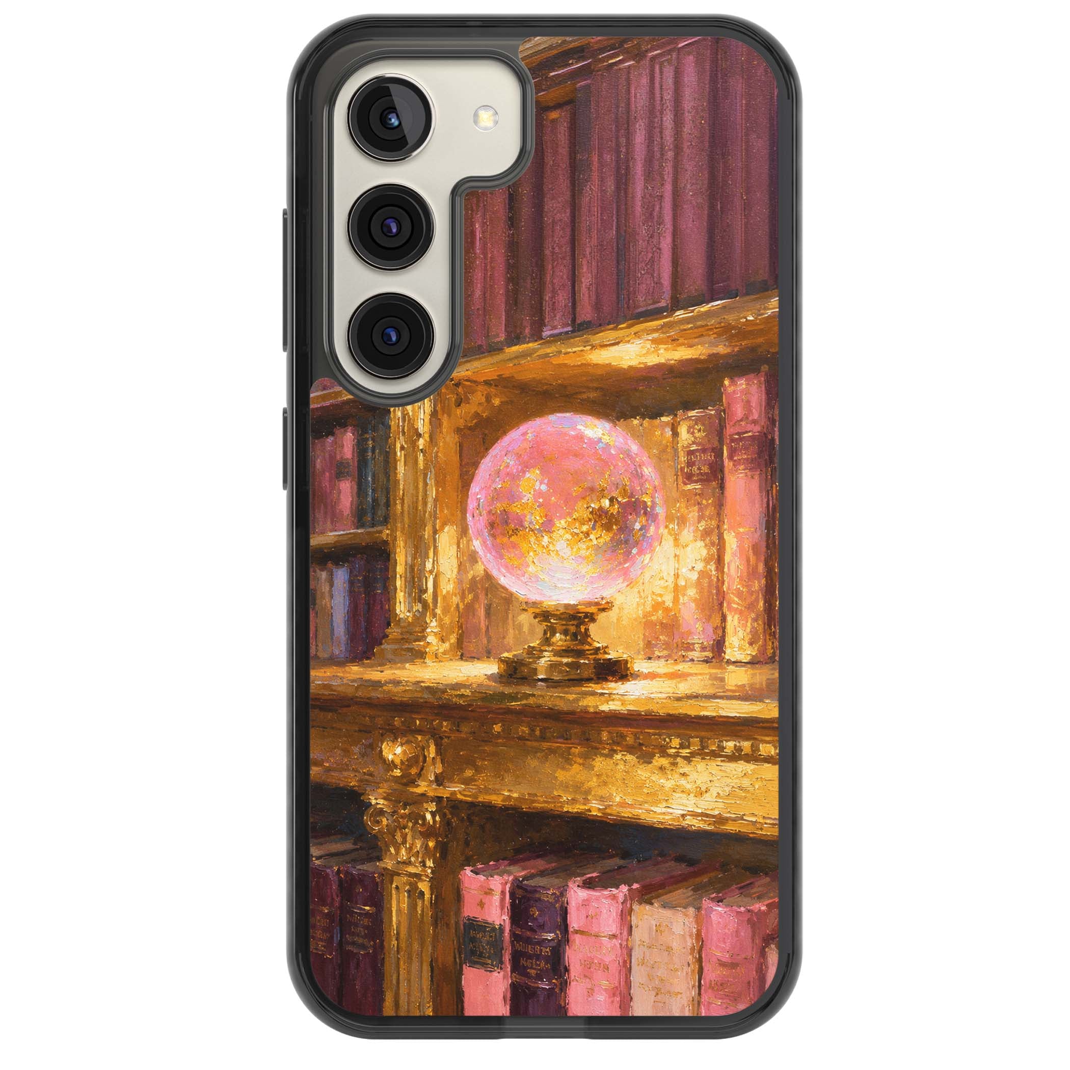 Gilded Library dark academia iPhone case featuring an oil painted crystal ball on a gilded library shelf with vintage | Black Impact case for Samsung Galaxy S24, Samsung Galaxy S23, Samsung Galaxy S22