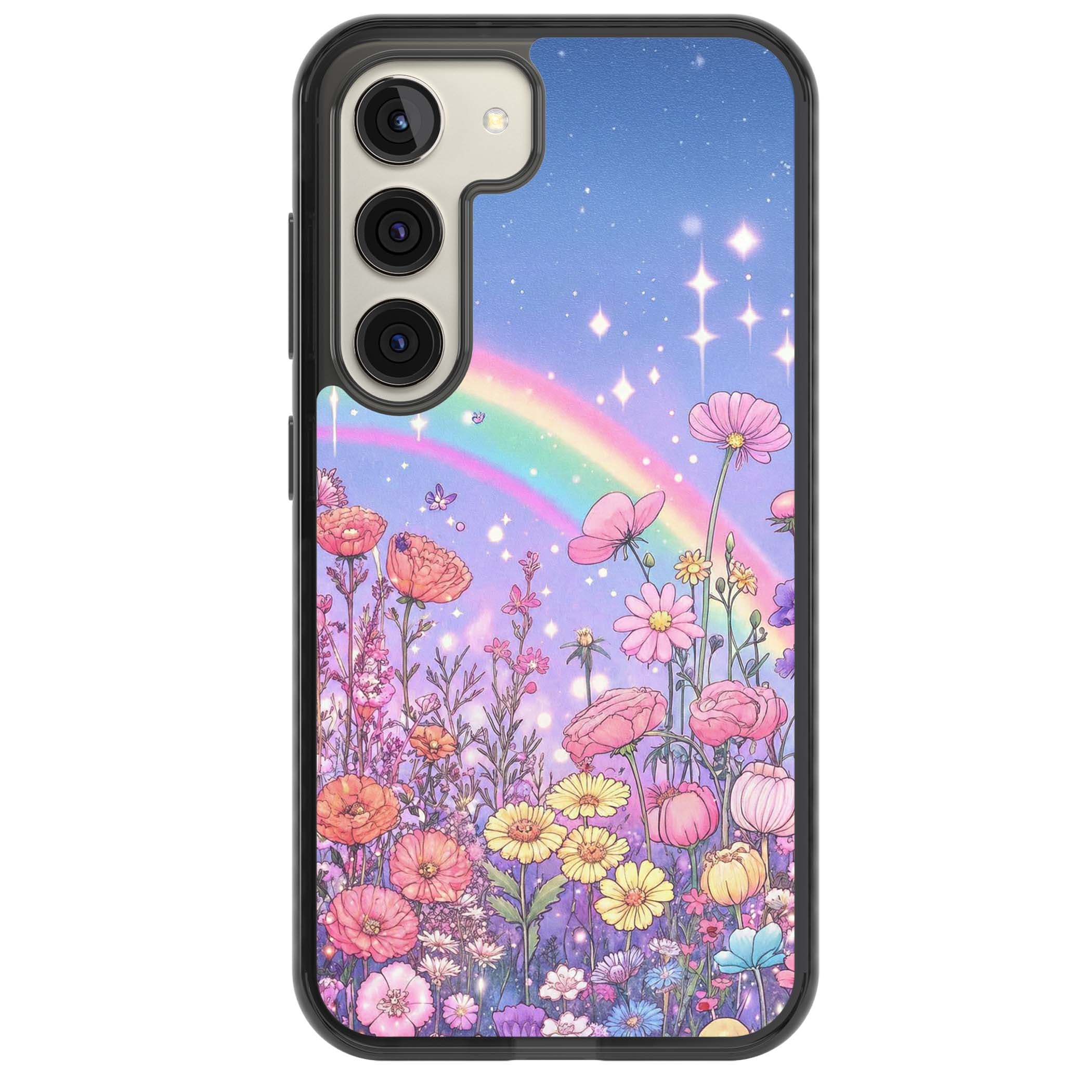 Magical Meadow fairycore iPhone case featuring a pastel rainbow, sparkling stars and a wildflower meadow | Black Impact case for Samsung Galaxy S24, Samsung Galaxy S23, Samsung Galaxy S22