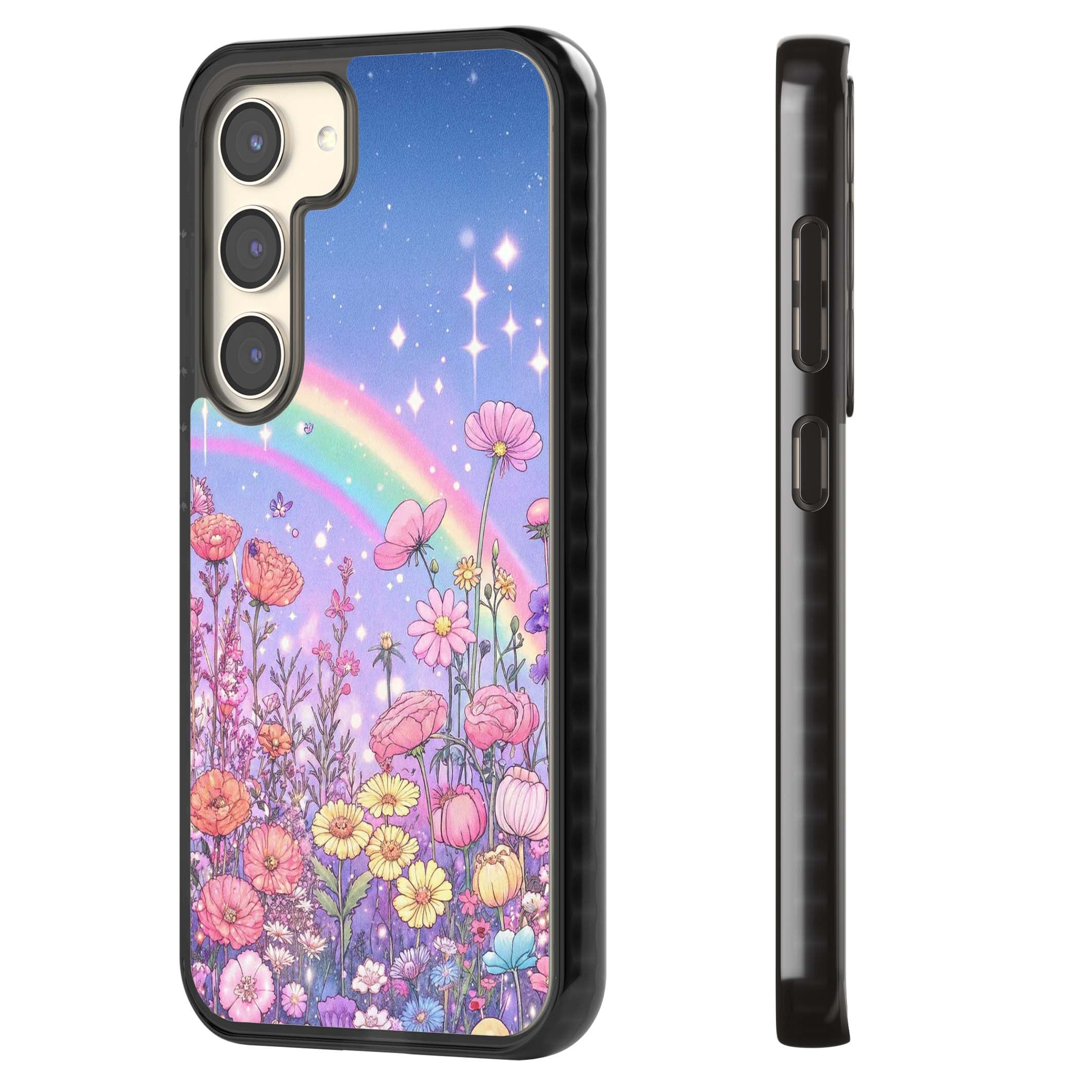 Magical Meadow fairycore iPhone case featuring a pastel rainbow, sparkling stars and a wildflower meadow | Black Impact case for Samsung Galaxy S24, Samsung Galaxy S23, Samsung Galaxy S22