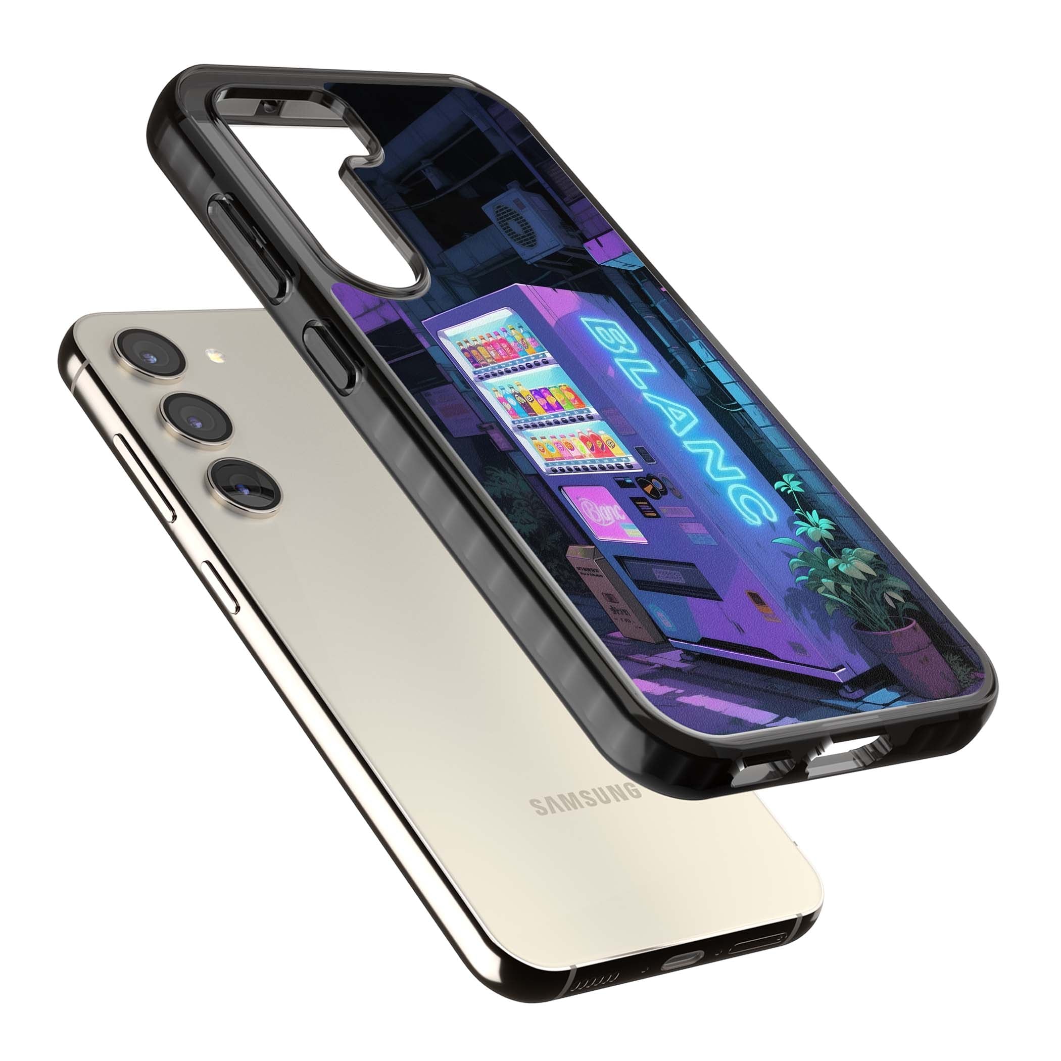 Shibuya Glow Japanese iPhone case featuring a glowing Tokyo vending machine, neon signage, and moody purple alleyway | Black Impact case for Samsung Galaxy S24, Samsung Galaxy S23, Samsung Galaxy S22