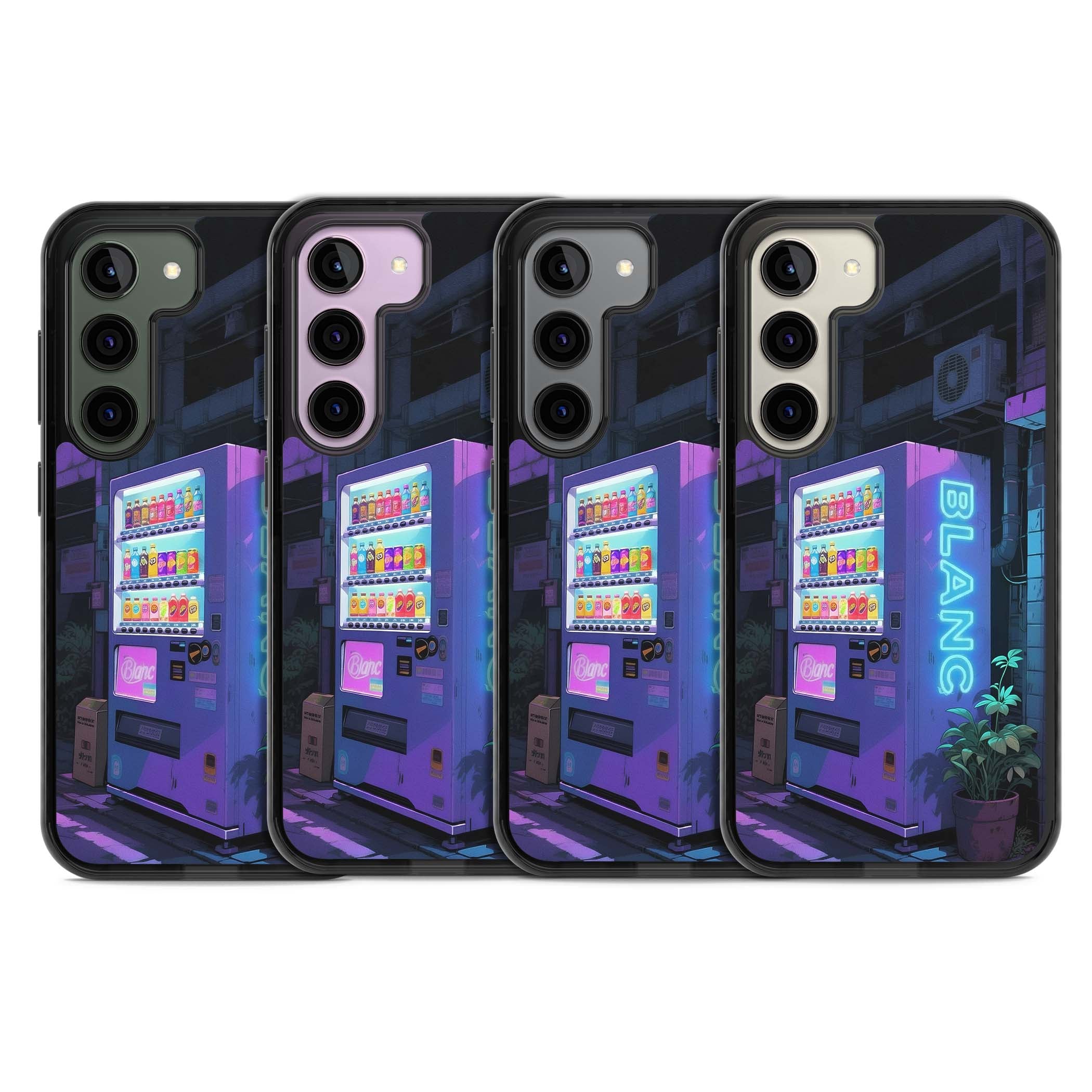 Shibuya Glow Japanese iPhone case featuring a glowing Tokyo vending machine, neon signage, and moody purple alleyway | Black Impact case for Samsung Galaxy S24, Samsung Galaxy S23, Samsung Galaxy S22