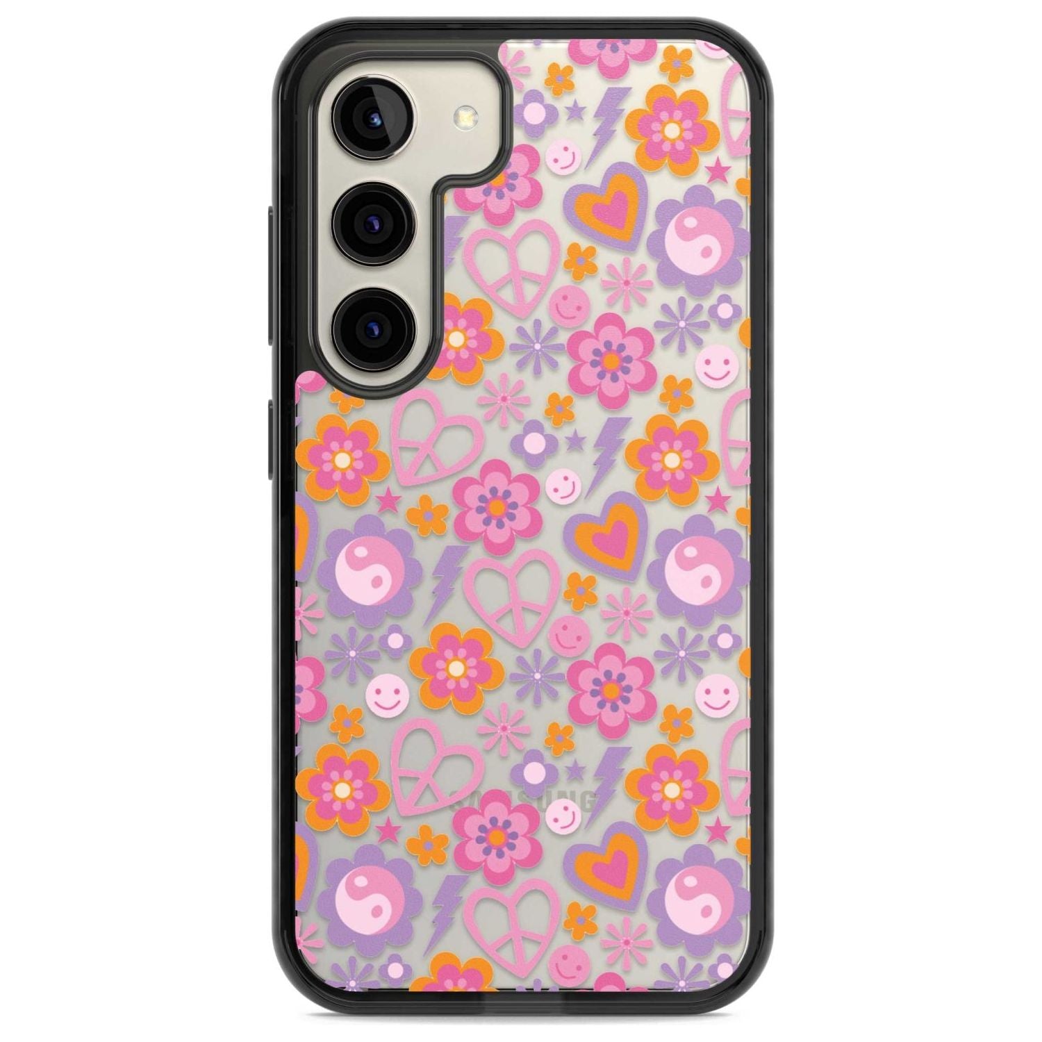 Peace, Love and Flowers Pattern Phone Case Samsung S22 / Black Impact Case,Samsung S23 / Black Impact Case Blanc Space