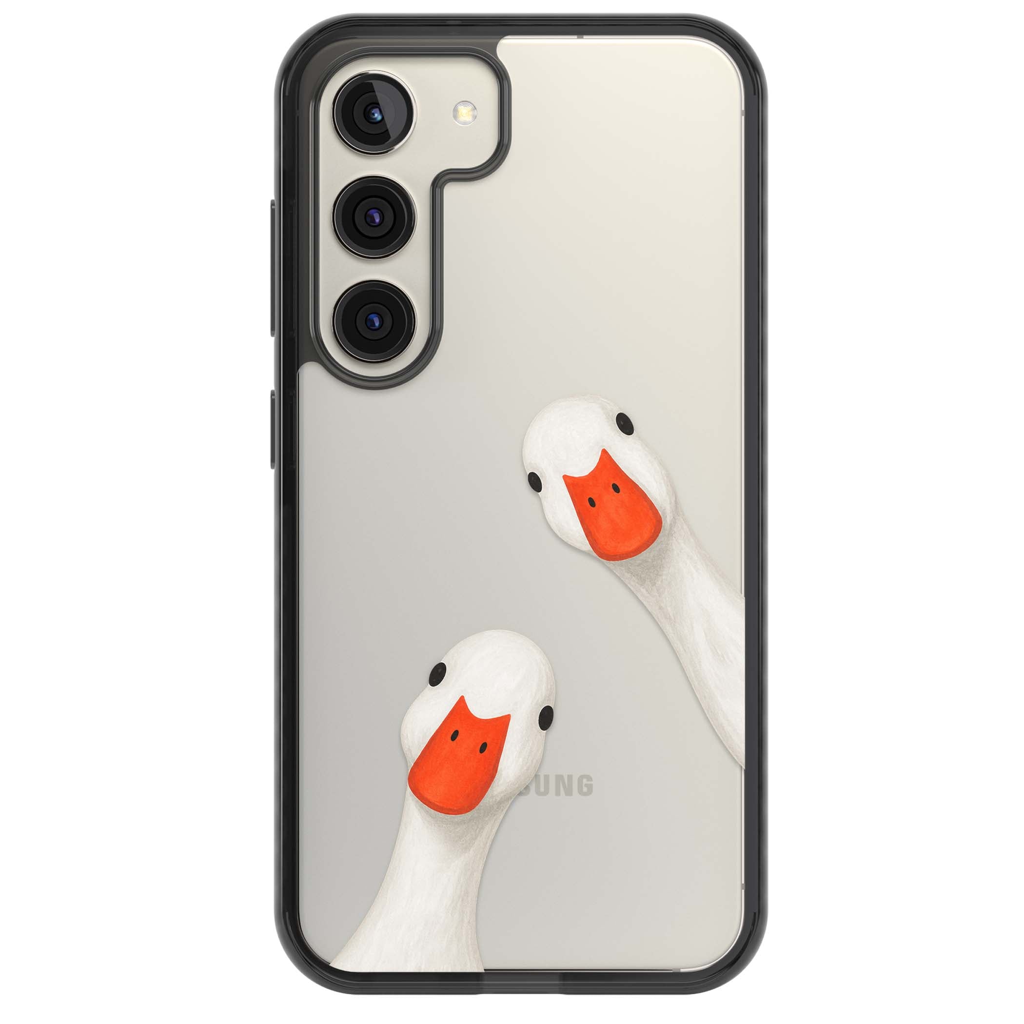 Nosy Ducks cottagecore iPhone case featuring two peeking white ducks with orange beaks on a clear background | Black Impact case for Samsung Galaxy S24, Samsung Galaxy S23, Samsung Galaxy S22