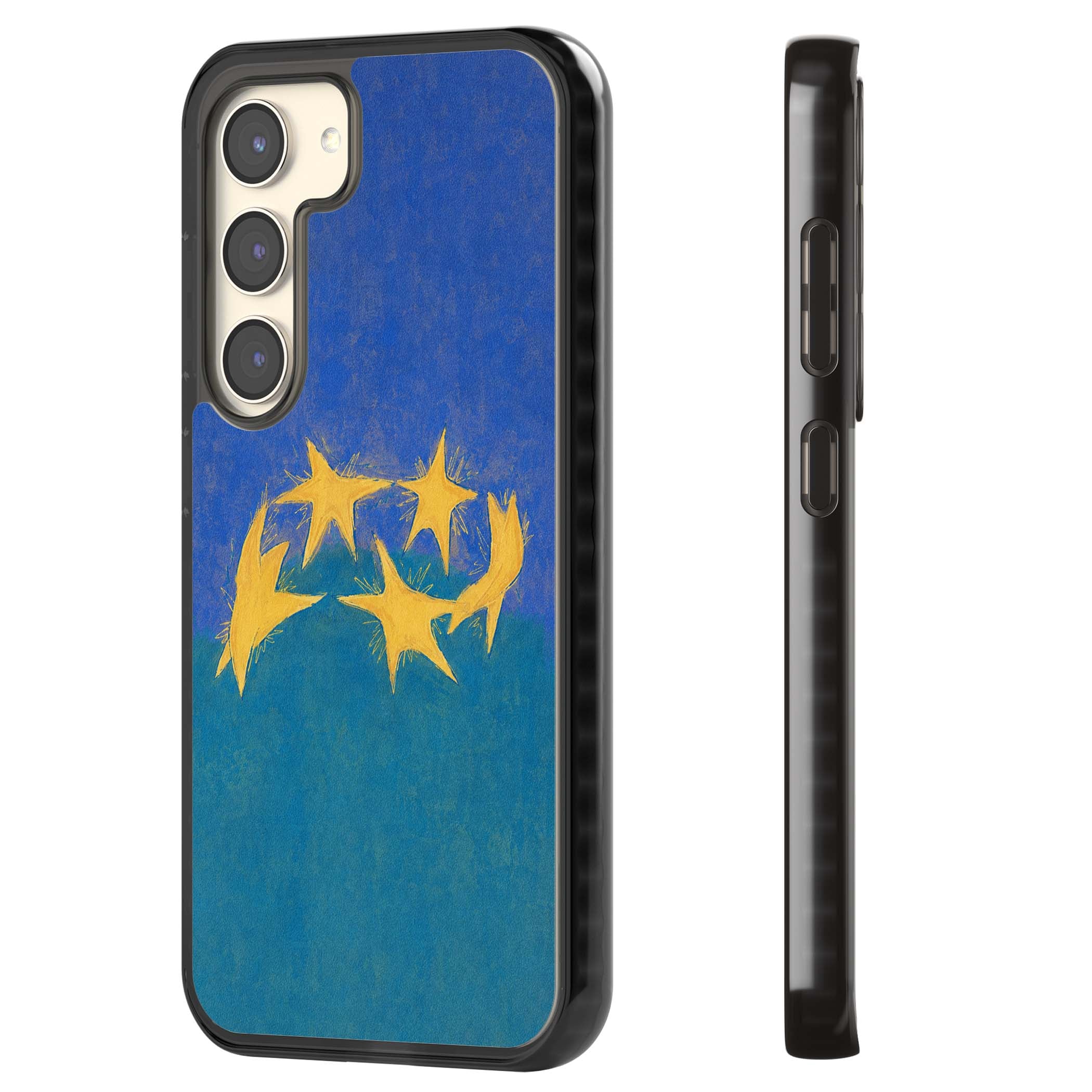 Star Boogie stars aesthetic iPhone case featuring five yellow hand-painted stars on cobalt blue and teal | Black Impact case for Samsung Galaxy S24, Samsung Galaxy S23, Samsung Galaxy S22