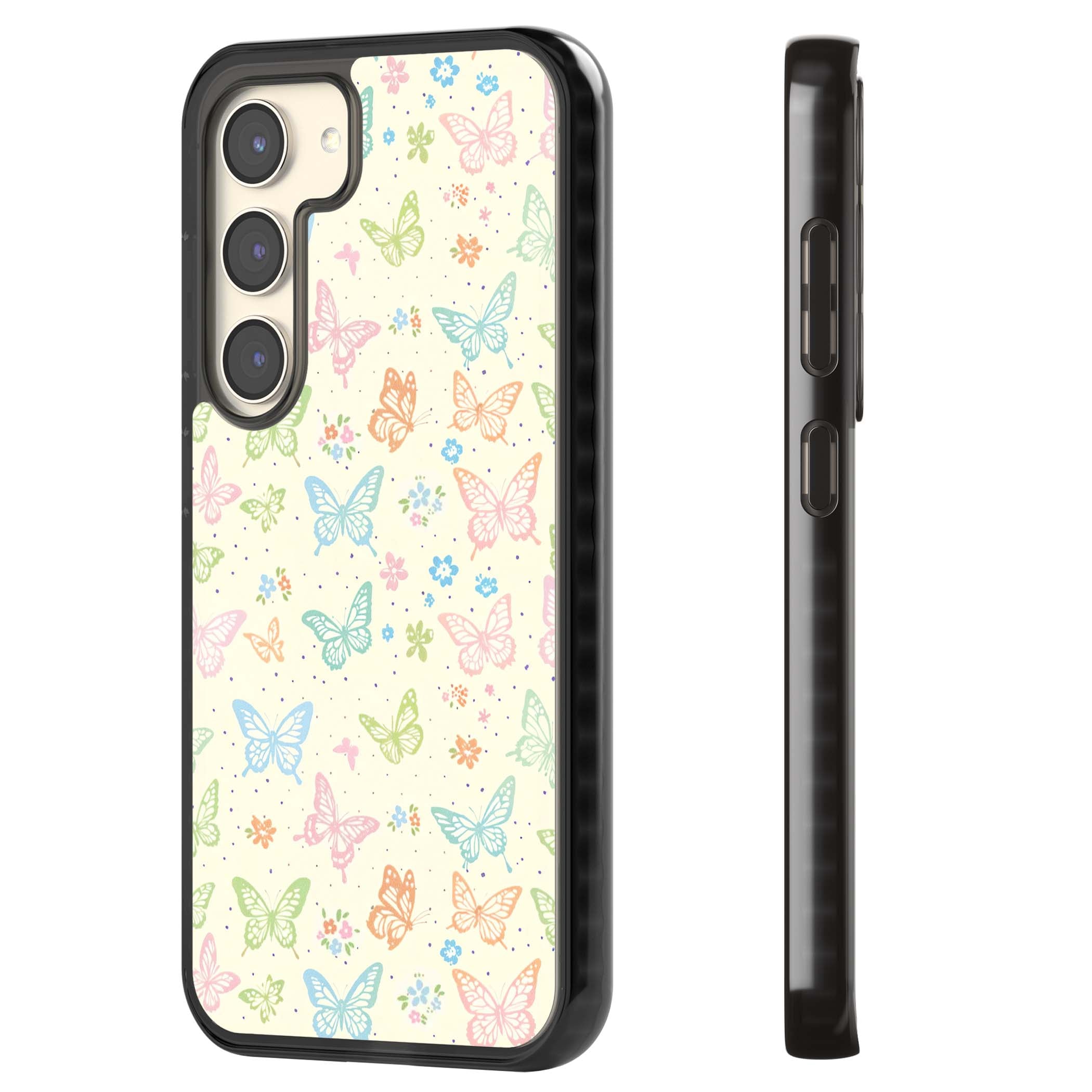 Sugar Wings cottagecore iPhone case featuring rainbow pastel butterflies, tiny wildflowers, and a cream background | Black Impact case for Samsung Galaxy S24, Samsung Galaxy S23, Samsung Galaxy S22