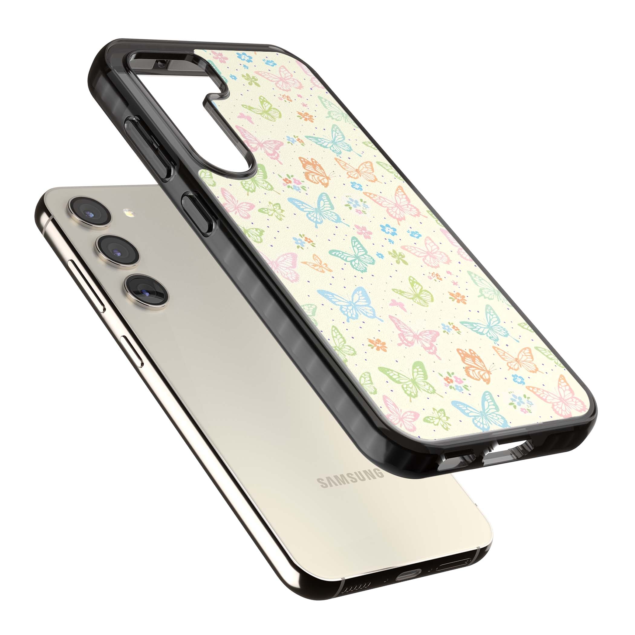 Sugar Wings cottagecore iPhone case featuring rainbow pastel butterflies, tiny wildflowers, and a cream background | Black Impact case for Samsung Galaxy S24, Samsung Galaxy S23, Samsung Galaxy S22