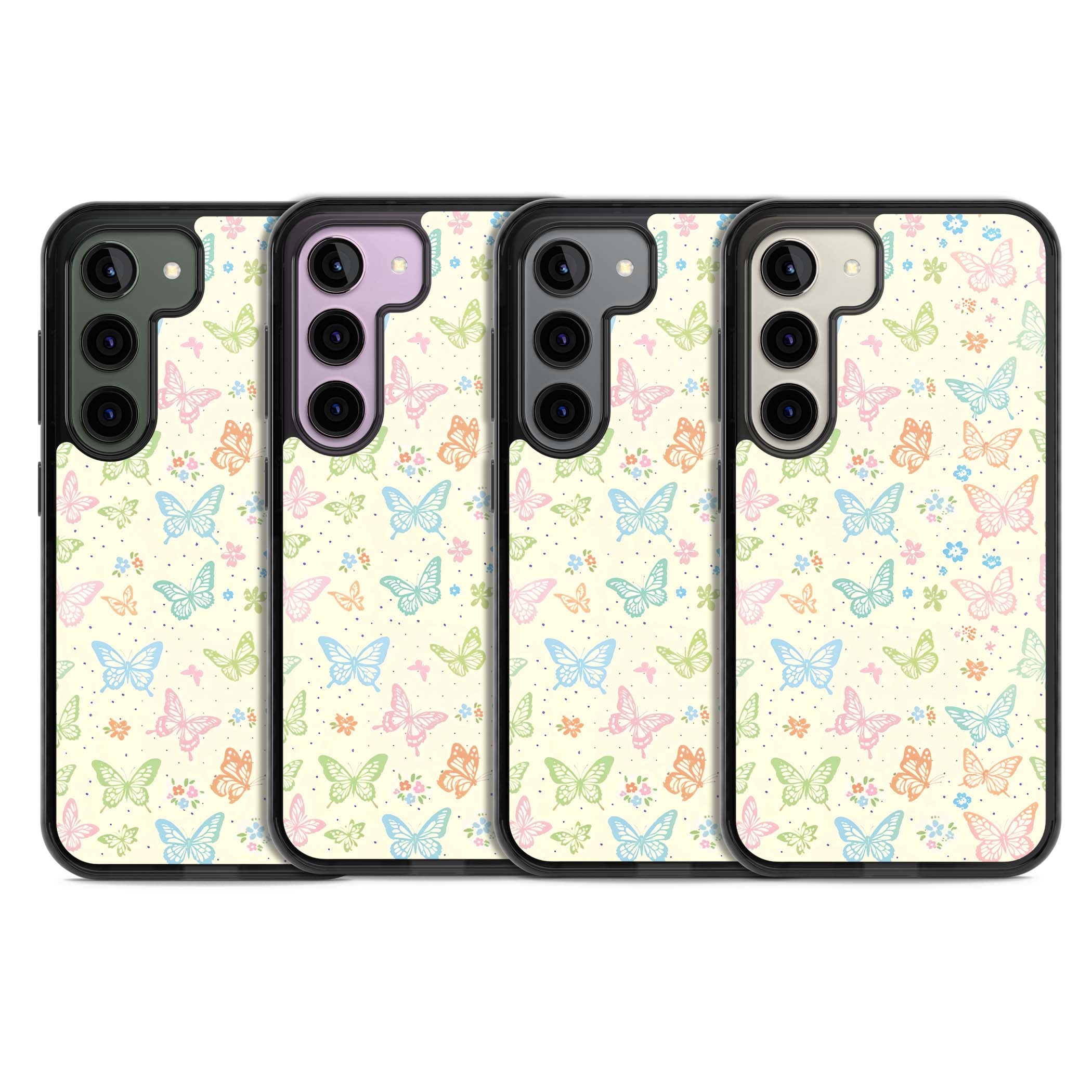 Sugar Wings cottagecore iPhone case featuring rainbow pastel butterflies, tiny wildflowers, and a cream background | Black Impact case for Samsung Galaxy S24, Samsung Galaxy S23, Samsung Galaxy S22