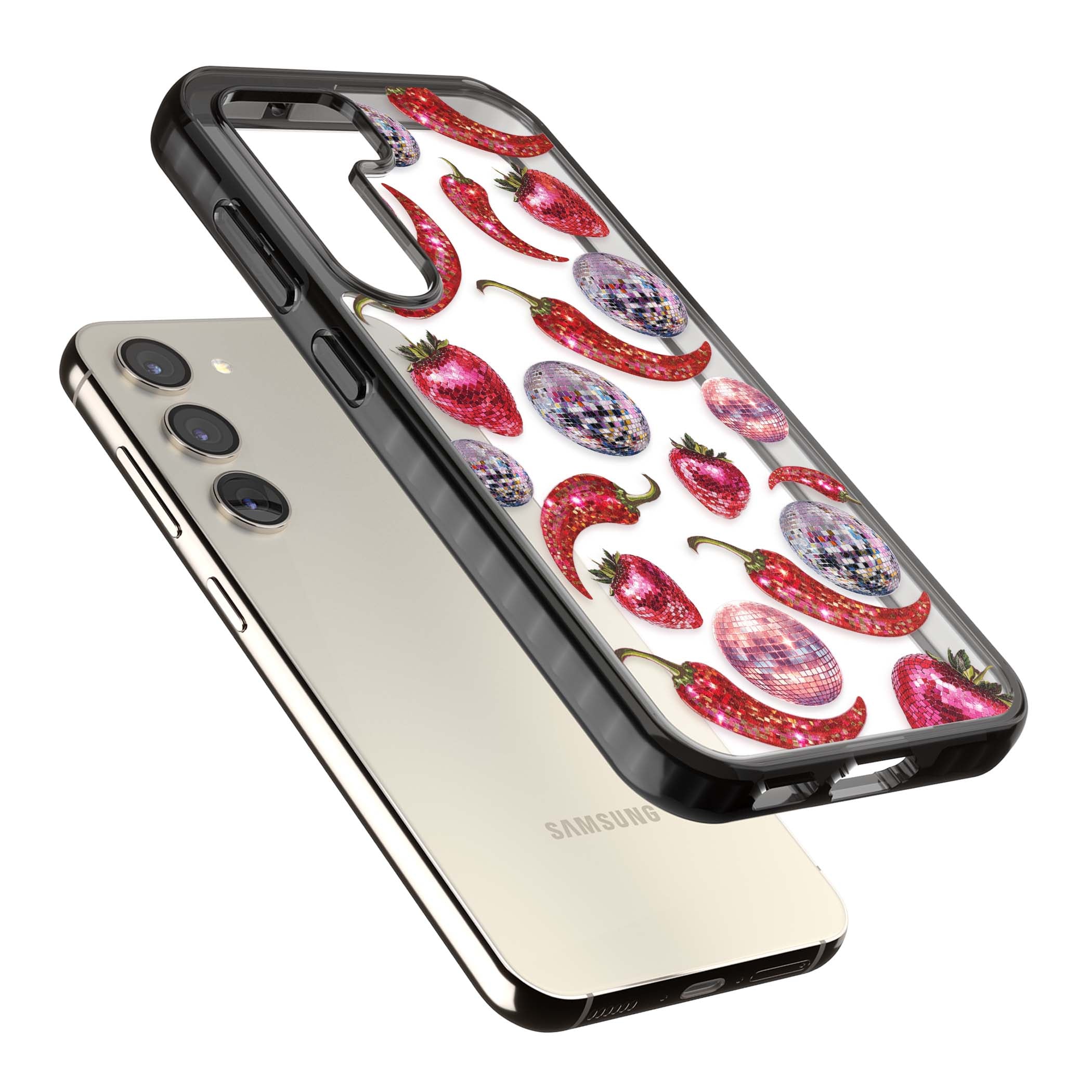 Spicy Disco Y2K iPhone case featuring glitter disco balls, sparkly strawberries and red chilli peppers | Black Impact case for Samsung Galaxy S24, Samsung Galaxy S23, Samsung Galaxy S22