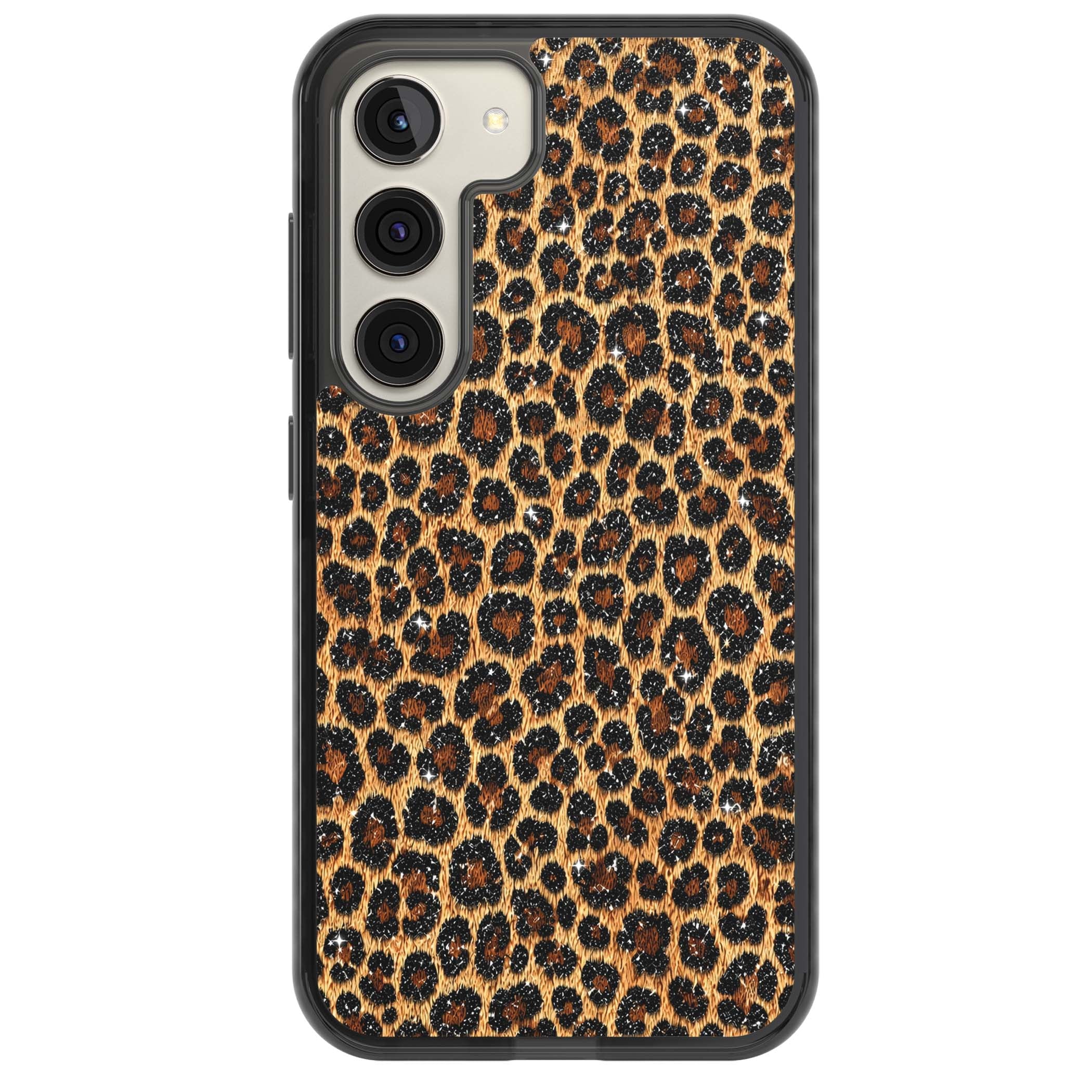 Diamond Leopard leopard print iPhone case featuring golden tan fur, black rosette spots and subtle glitter sparkle | Black Impact case for Samsung Galaxy S24, Samsung Galaxy S23, Samsung Galaxy S22