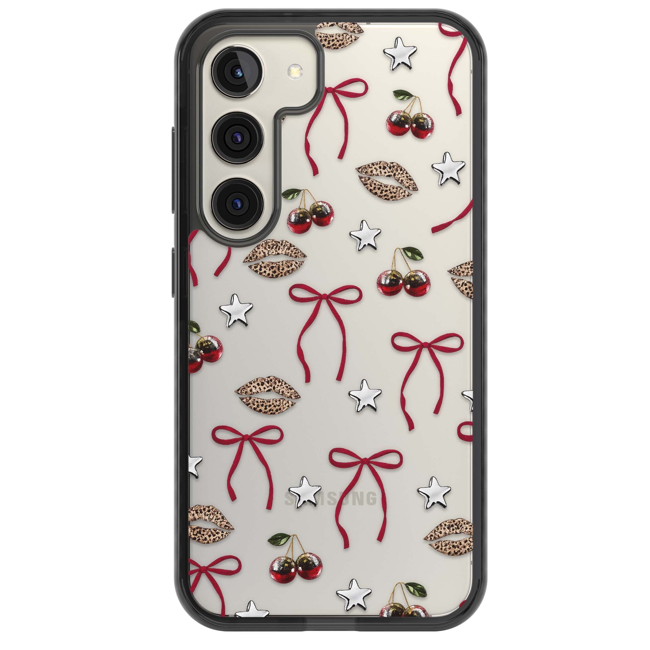Starlet coquette iPhone case featuring red ribbon bows, disco cherries and leopard-print lips | Black Impact case for Samsung Galaxy S24, Samsung Galaxy S23, Samsung Galaxy S22