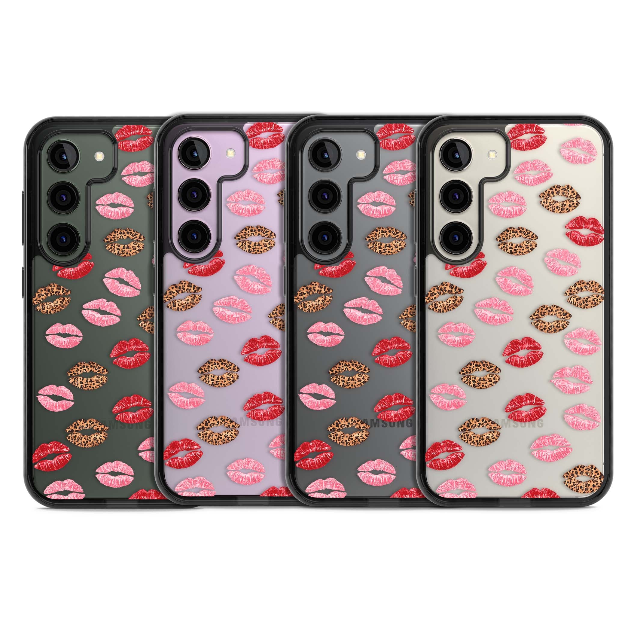Wild Kisses coquette iPhone case featuring red, pink and leopard print lipstick kiss marks on a clear background | Black Impact case for Samsung Galaxy S24, Samsung Galaxy S23, Samsung Galaxy S22