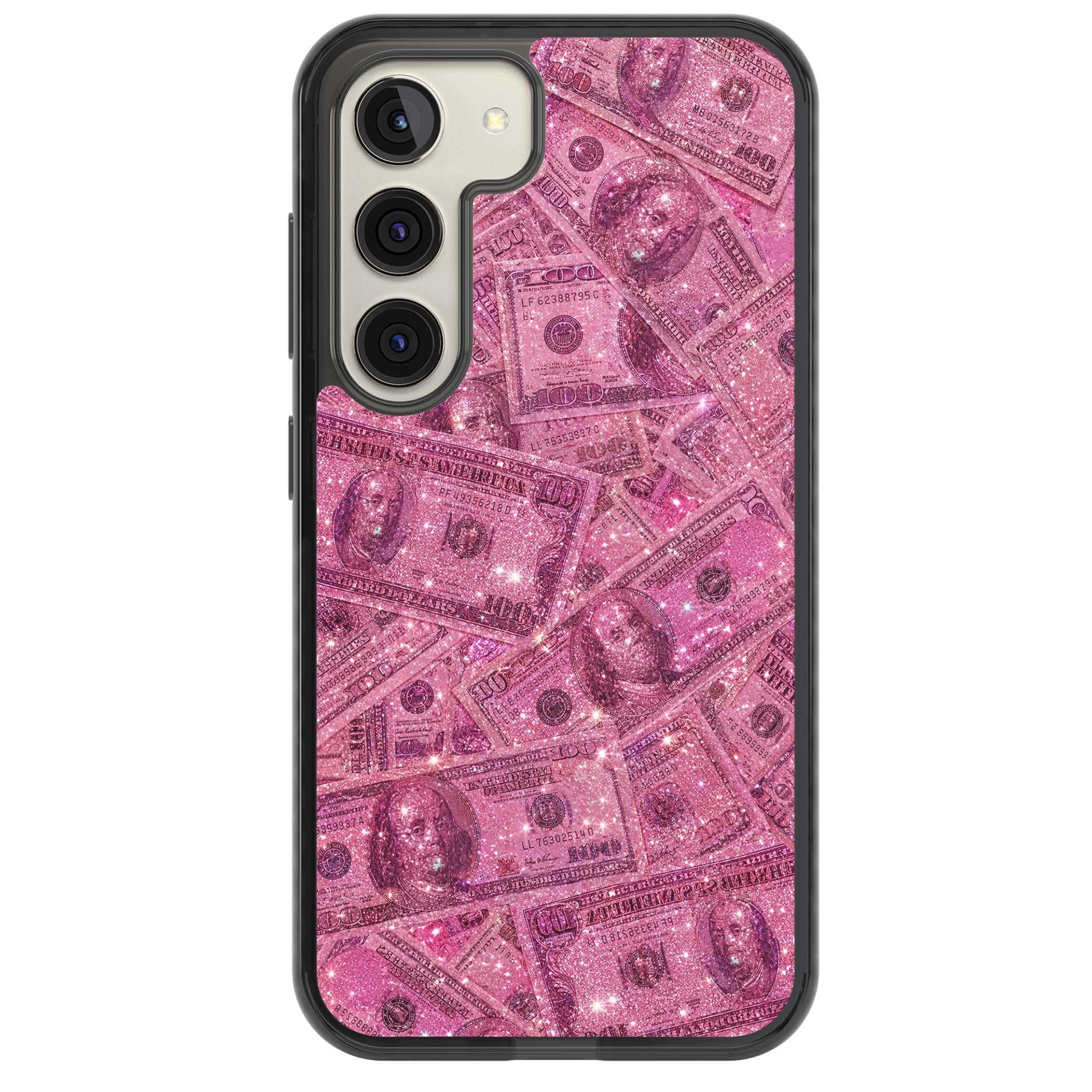 Glamorous baddie iPhone case featuring pink glitter hundred dollar bills and sparkling money wallpaper design | Black Impact case for Samsung Galaxy S24, Samsung Galaxy S23, Samsung Galaxy S22
