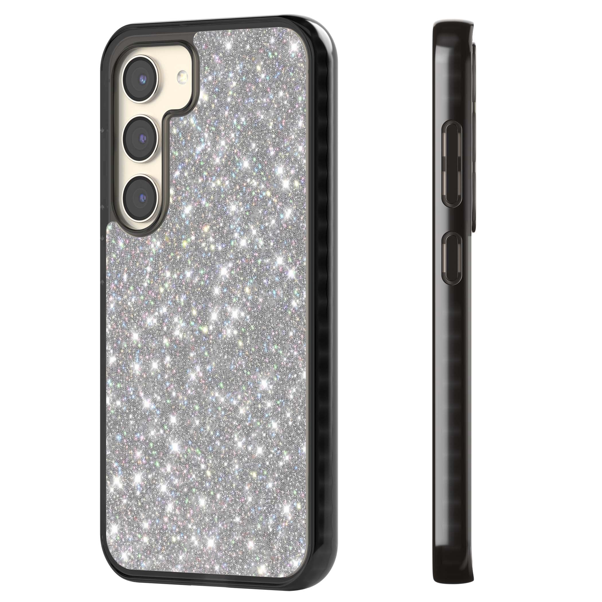 Diamond glam iPhone case featuring silver glitter sparkle and shimmering diamond dust effect | Black Impact case for Samsung Galaxy S24, Samsung Galaxy S23, Samsung Galaxy S22