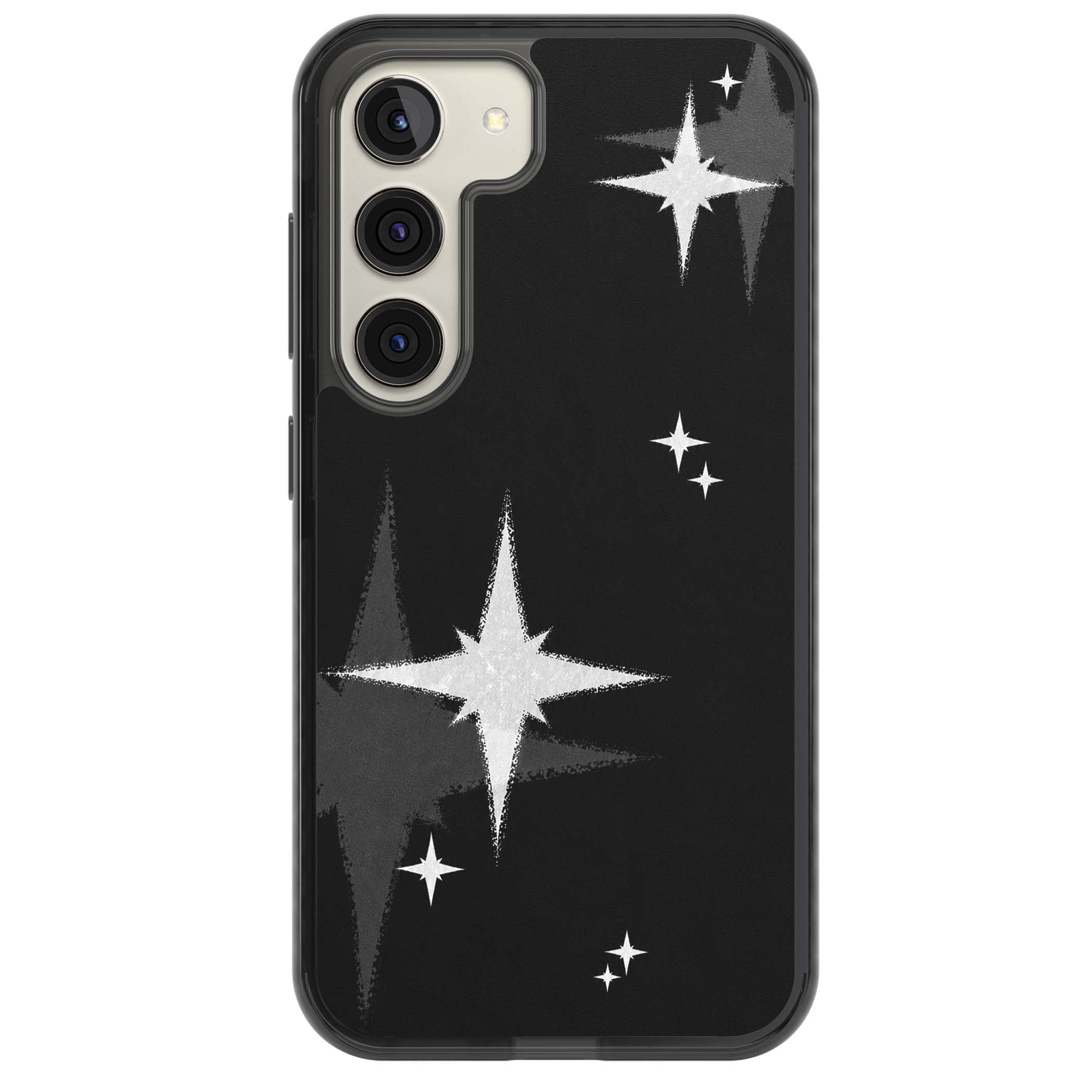 Black Sparkle celestial iPhone case featuring white sparkle stars on a black night sky background | Black Impact case for Samsung Galaxy S24, Samsung Galaxy S23, Samsung Galaxy S22