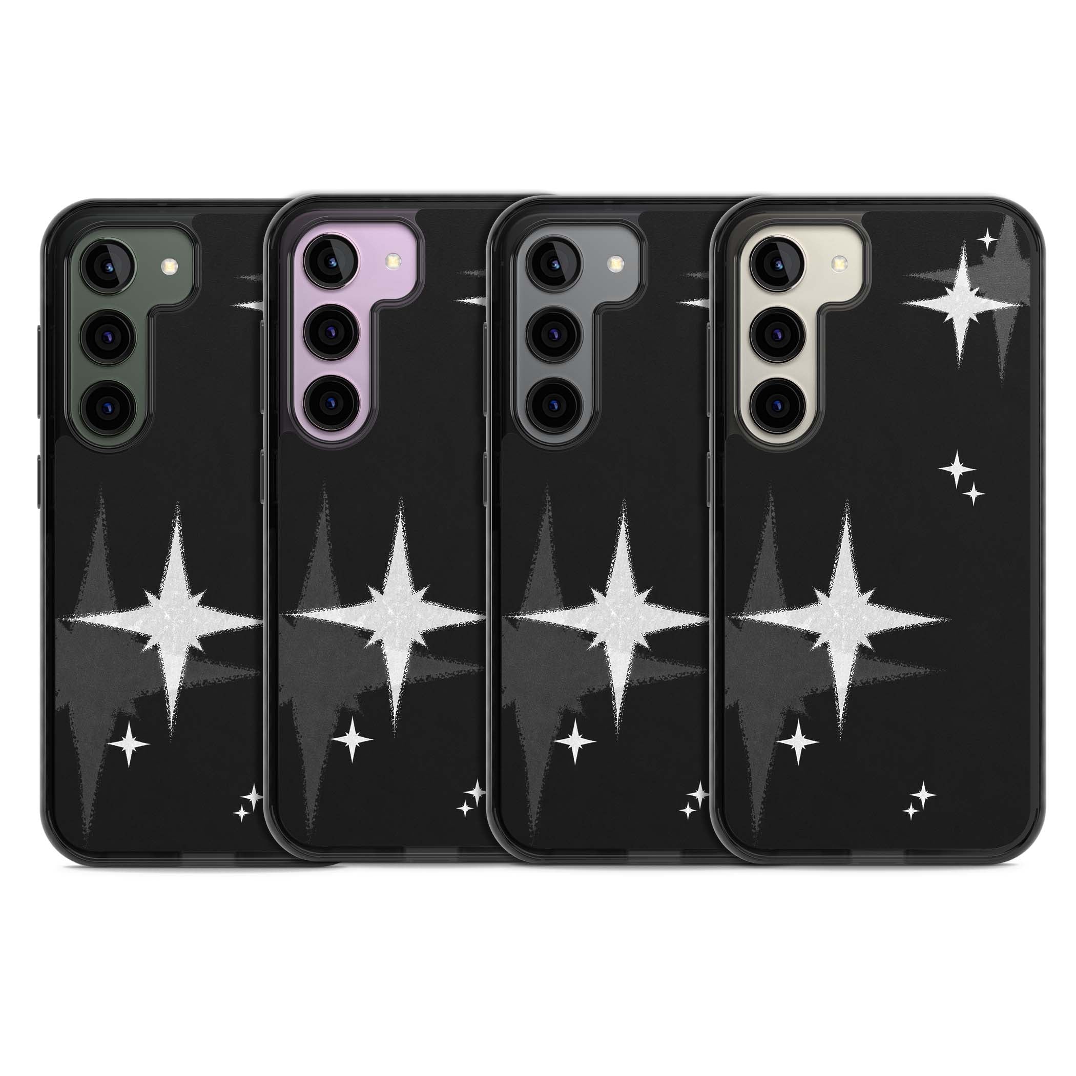 Black Sparkle celestial iPhone case featuring white sparkle stars on a black night sky background | Black Impact case for Samsung Galaxy S24, Samsung Galaxy S23, Samsung Galaxy S22