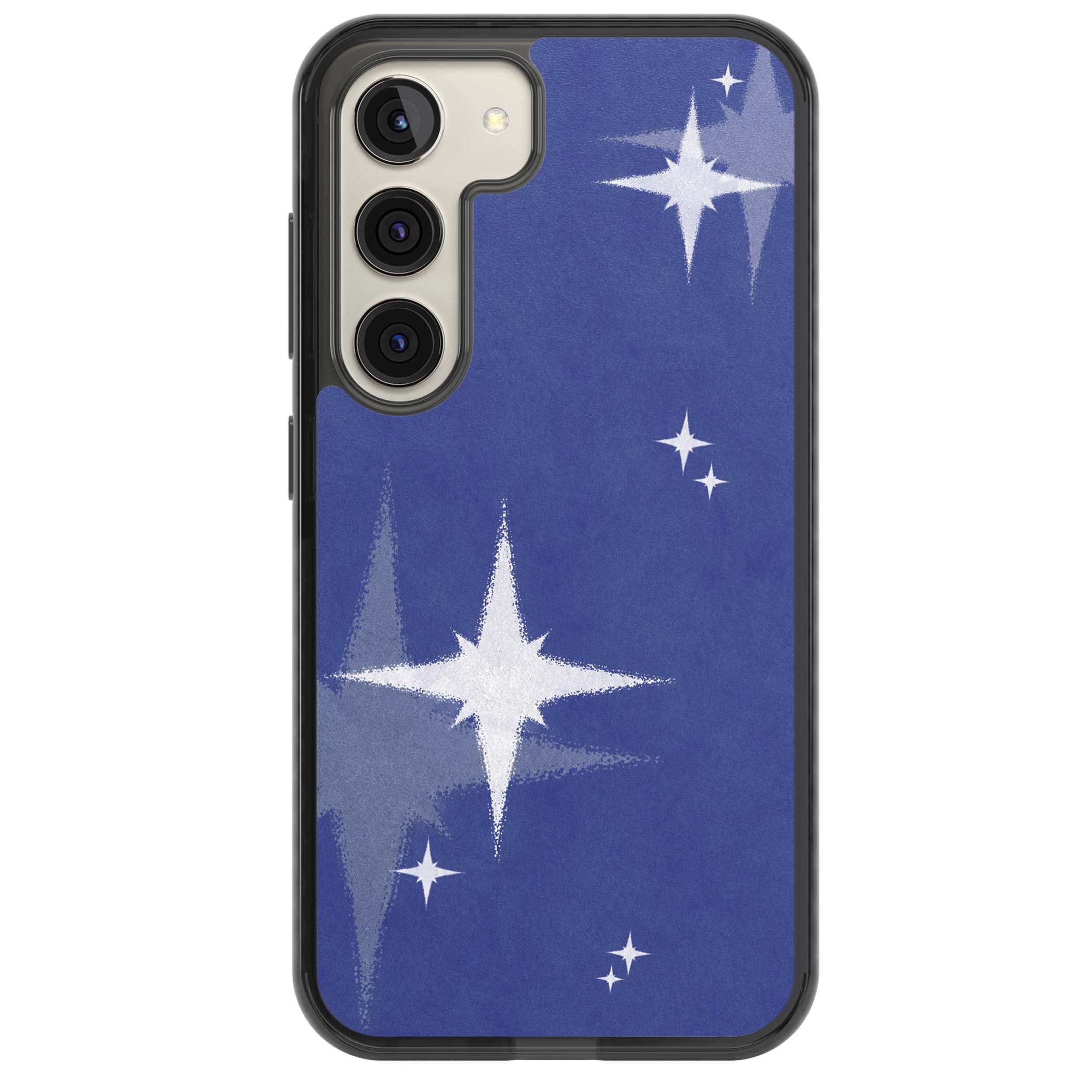 Blue Sparkle celestial iPhone case featuring sparkling silver stars on a deep blue painterly night sky | Black Impact case for Samsung Galaxy S24, Samsung Galaxy S23, Samsung Galaxy S22