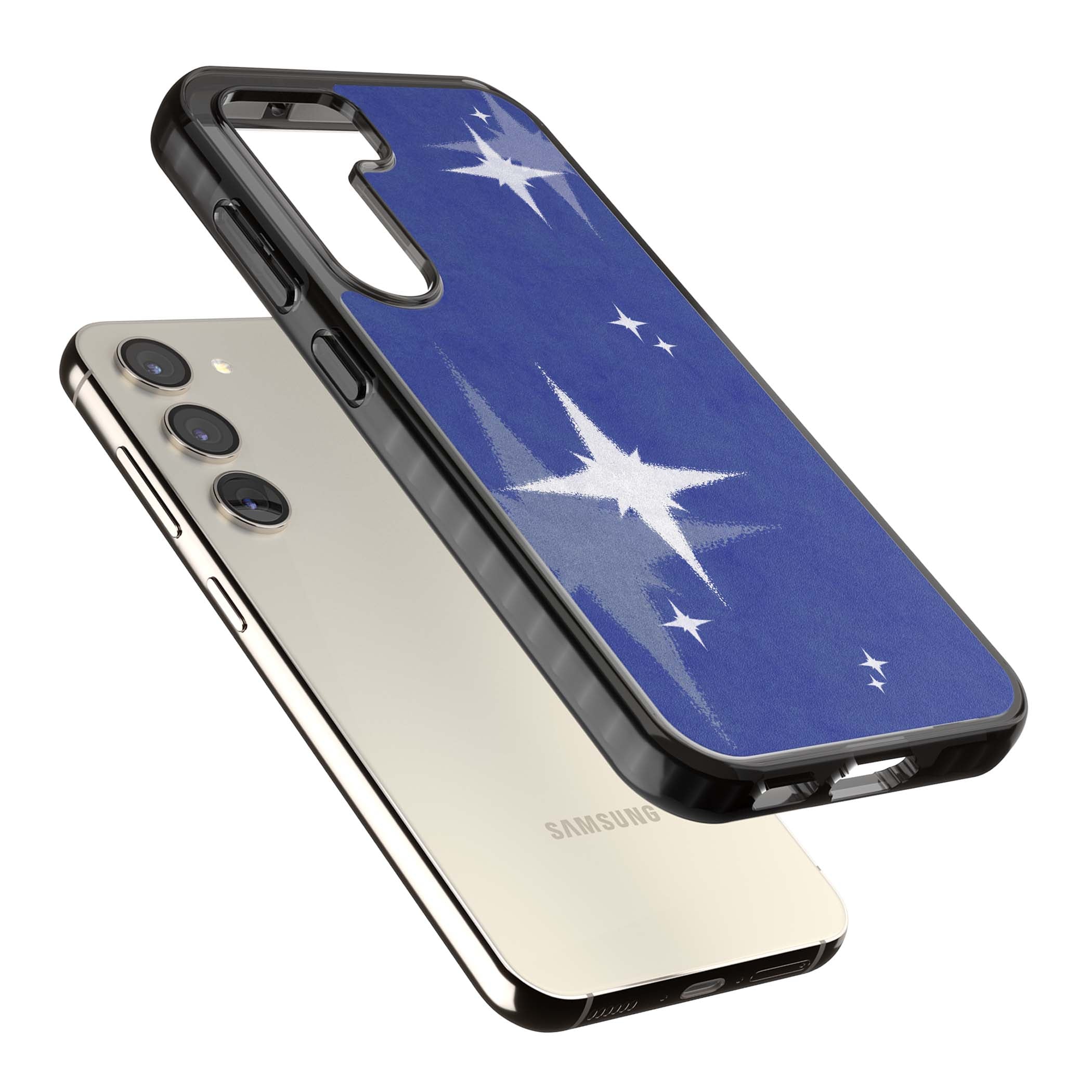 Blue Sparkle celestial iPhone case featuring sparkling silver stars on a deep blue painterly night sky | Black Impact case for Samsung Galaxy S24, Samsung Galaxy S23, Samsung Galaxy S22