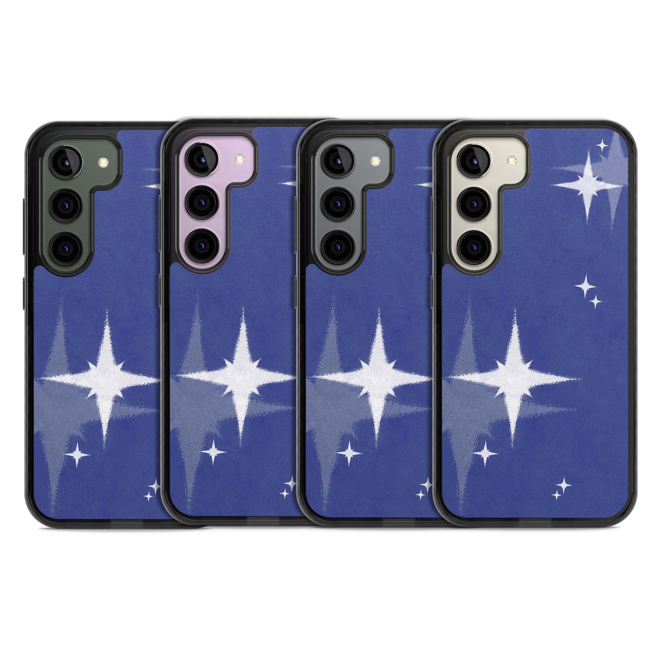 Blue Sparkle celestial iPhone case featuring sparkling silver stars on a deep blue painterly night sky | Black Impact case for Samsung Galaxy S24, Samsung Galaxy S23, Samsung Galaxy S22