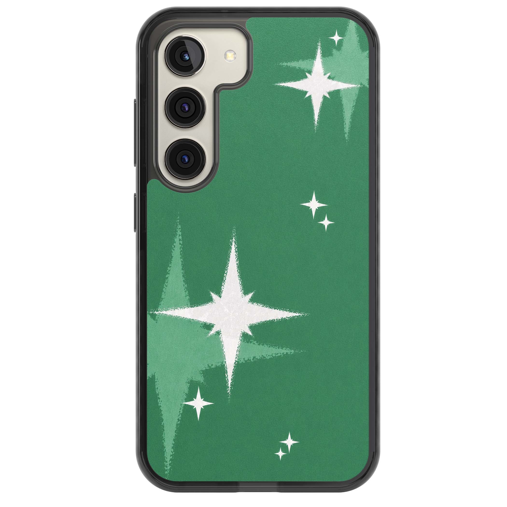 Green Sparkle celestial iPhone case featuring sparkling white four-point stars on a deep green background | Black Impact case for Samsung Galaxy S24, Samsung Galaxy S23, Samsung Galaxy S22