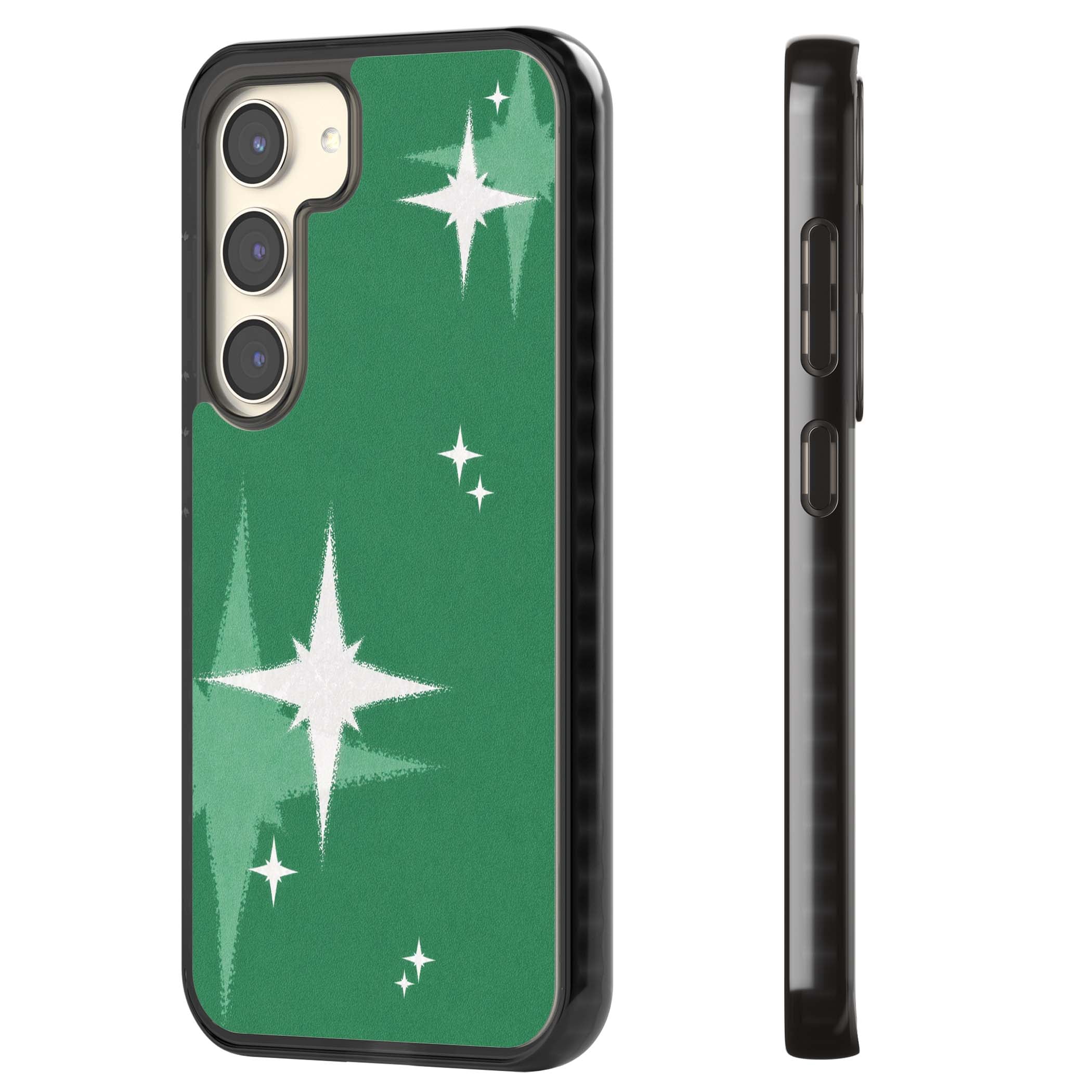 Green Sparkle celestial iPhone case featuring sparkling white four-point stars on a deep green background | Black Impact case for Samsung Galaxy S24, Samsung Galaxy S23, Samsung Galaxy S22