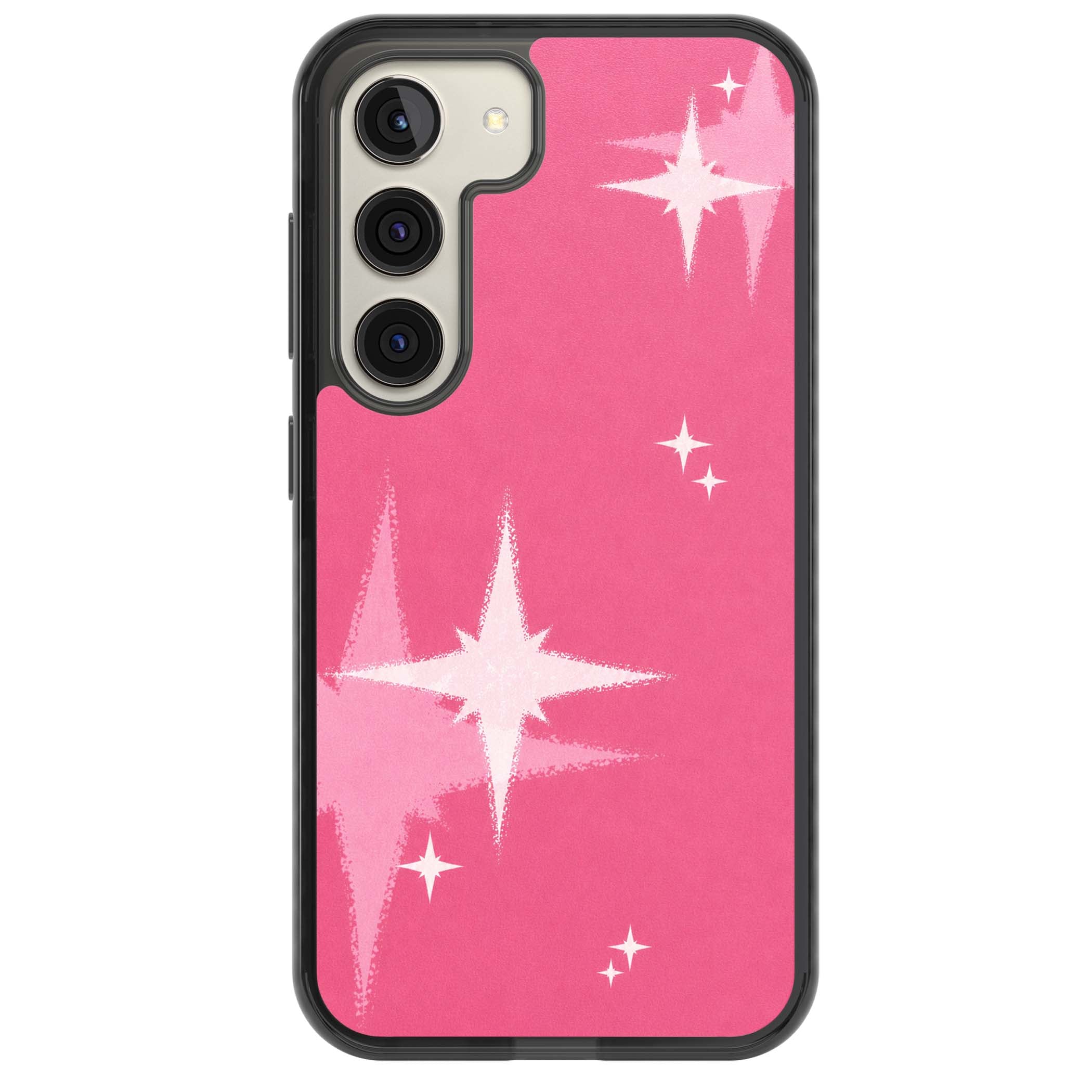 Pink Sparkle Y2K iPhone case featuring hot pink background with shimmering white starburst pattern | Black Impact case for Samsung Galaxy S24, Samsung Galaxy S23, Samsung Galaxy S22