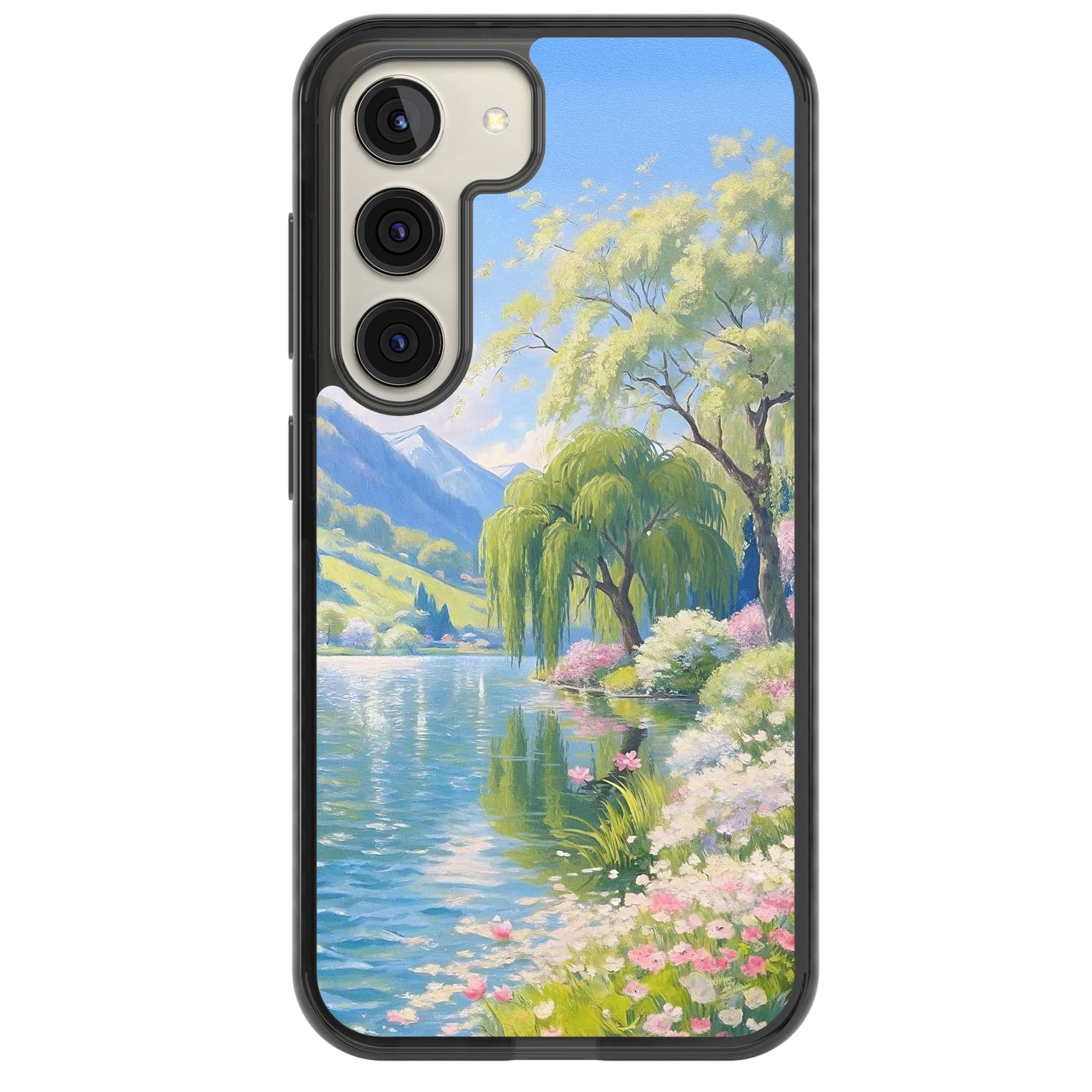 Willow Lake cottagecore iPhone case featuring a painted lakeside with weeping willow, blossoms and distant mountains | Black Impact case for Samsung Galaxy S24, Samsung Galaxy S23, Samsung Galaxy S22