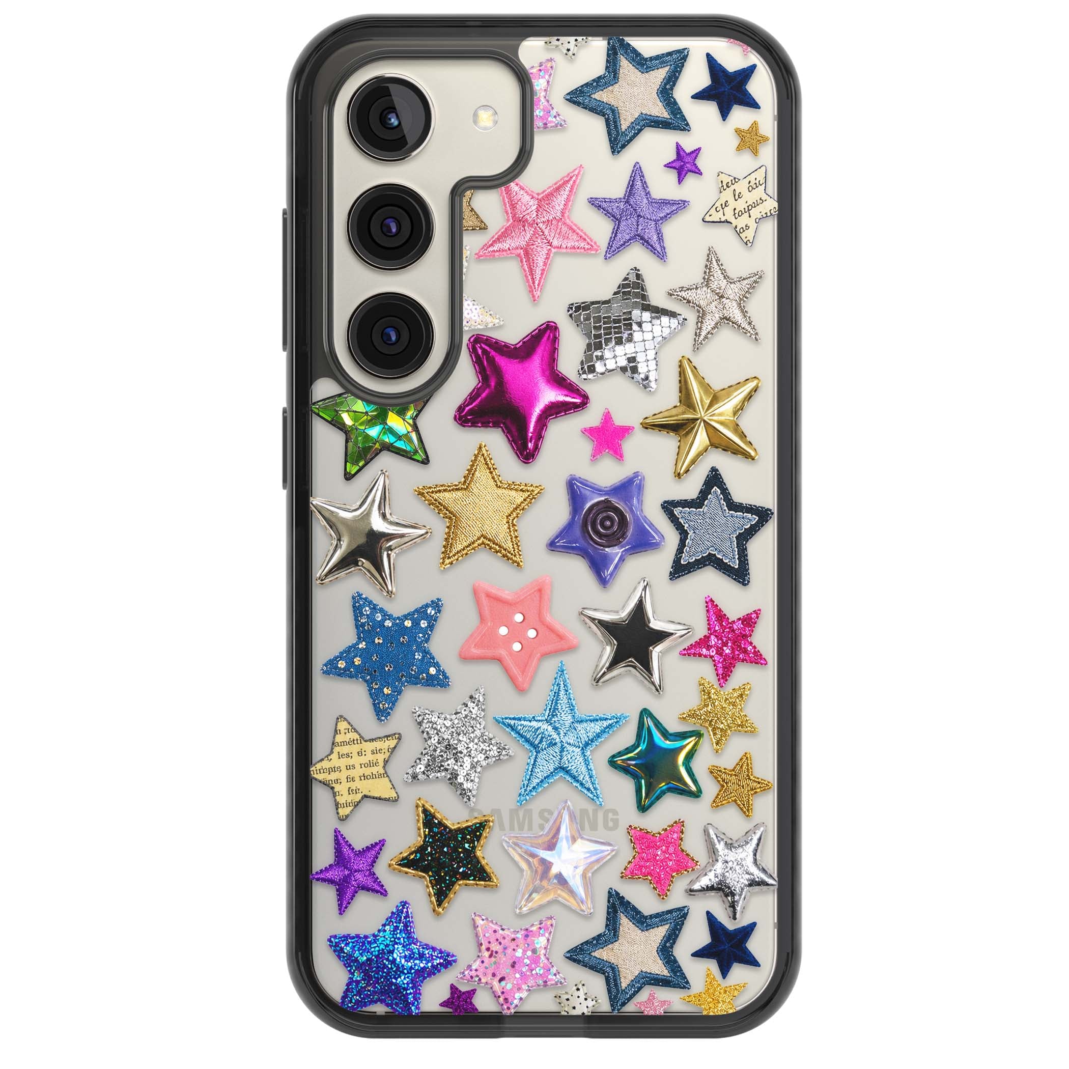 Crafty Star Mix Y2K iPhone case featuring embroidered, sequinned and glitter star patches in rainbow colours | Black Impact case for Samsung Galaxy S24, Samsung Galaxy S23, Samsung Galaxy S22