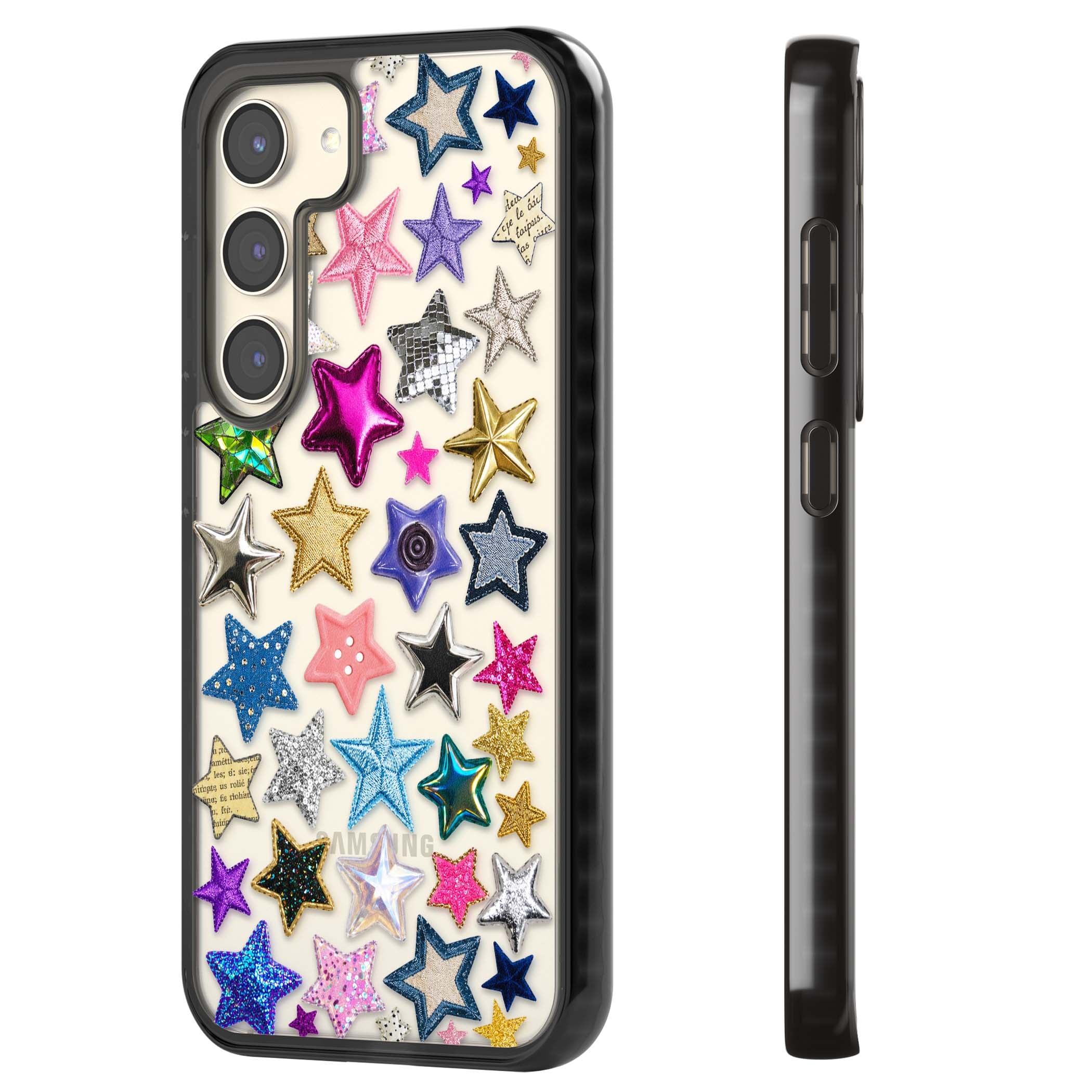 Crafty Star Mix Y2K iPhone case featuring embroidered, sequinned and glitter star patches in rainbow colours | Black Impact case for Samsung Galaxy S24, Samsung Galaxy S23, Samsung Galaxy S22