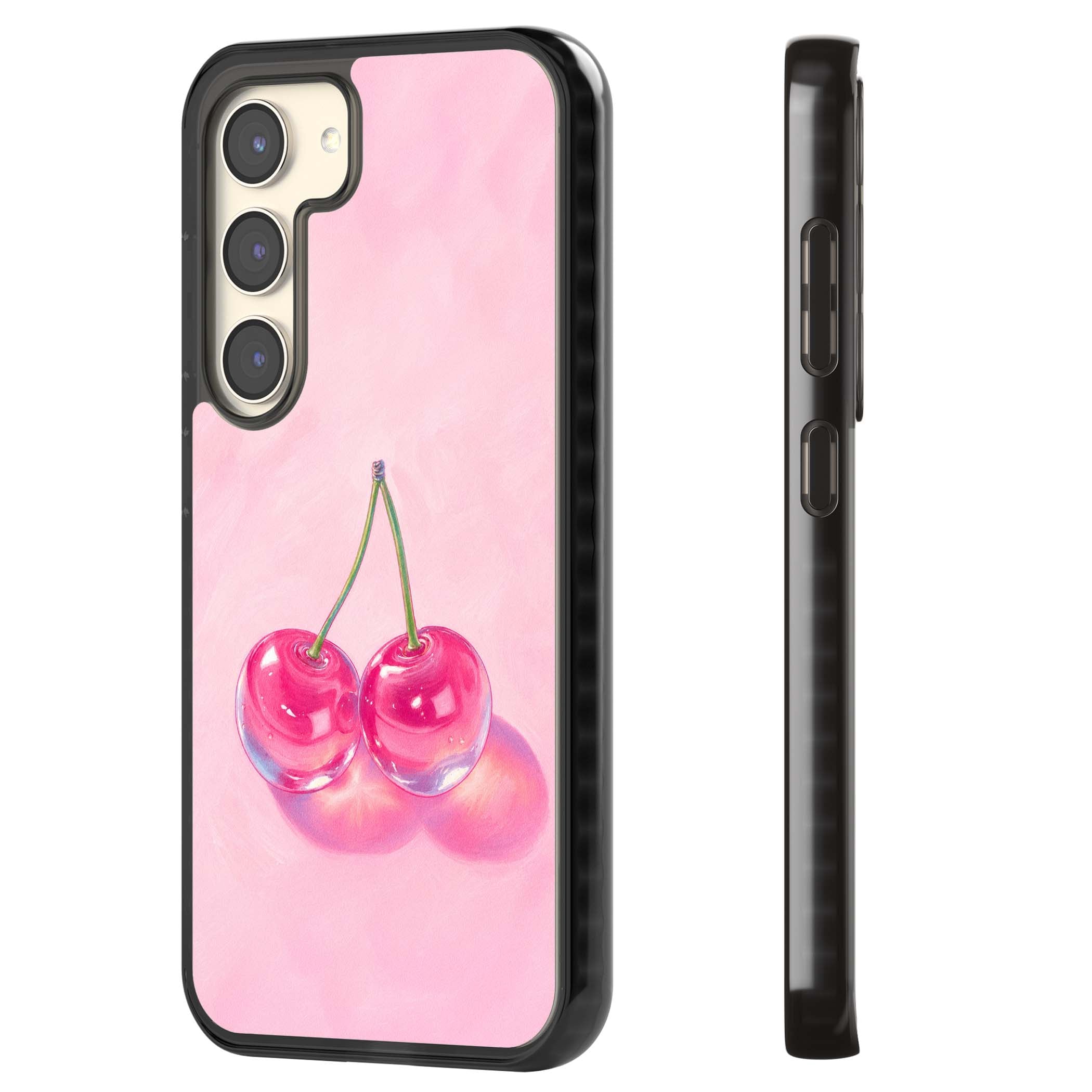 Pink Glass Cherry coquette iPhone case featuring two glossy painted cherries on a soft pink background | Black Impact case for Samsung Galaxy S24, Samsung Galaxy S23, Samsung Galaxy S22