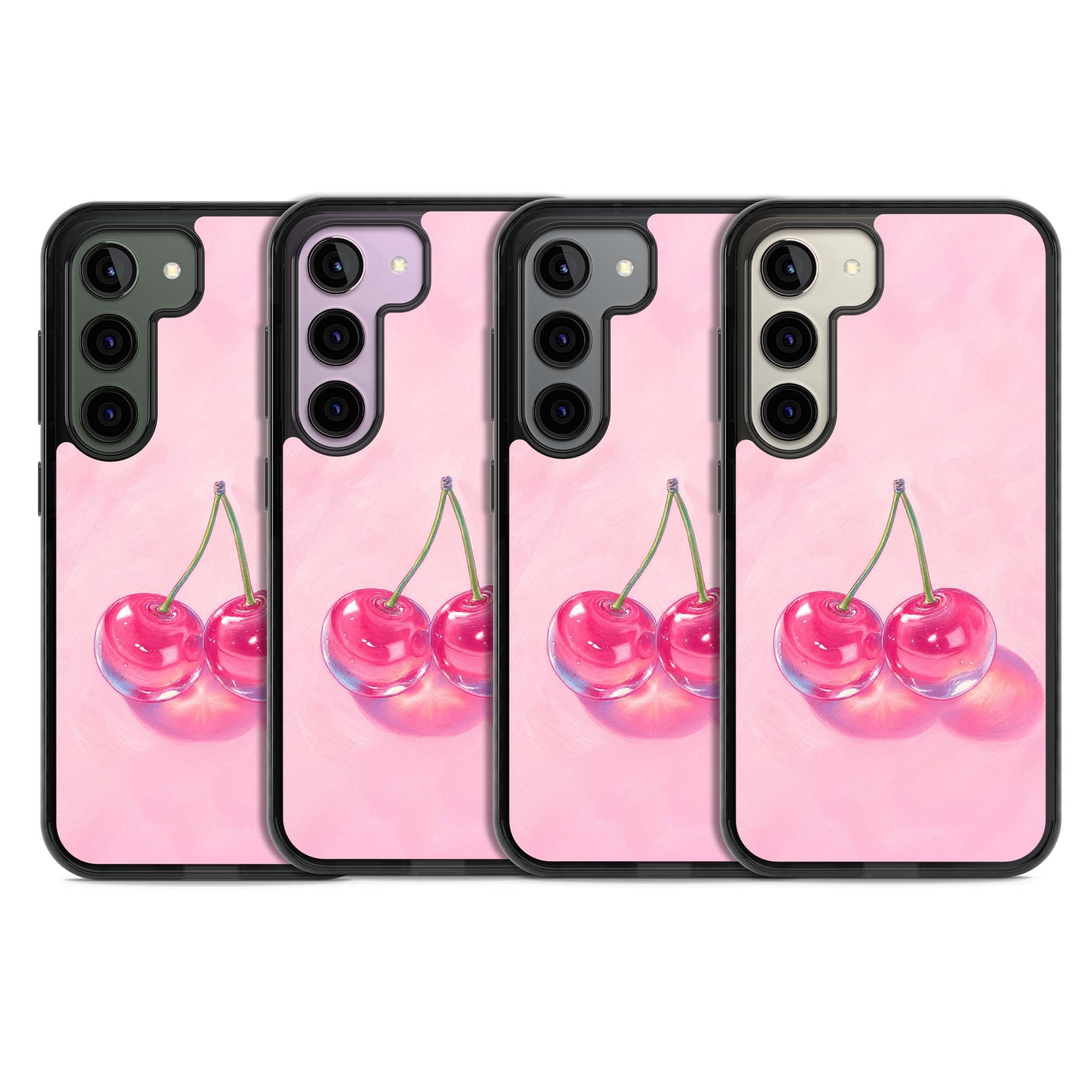 Pink Glass Cherry coquette iPhone case featuring two glossy painted cherries on a soft pink background | Black Impact case for Samsung Galaxy S24, Samsung Galaxy S23, Samsung Galaxy S22