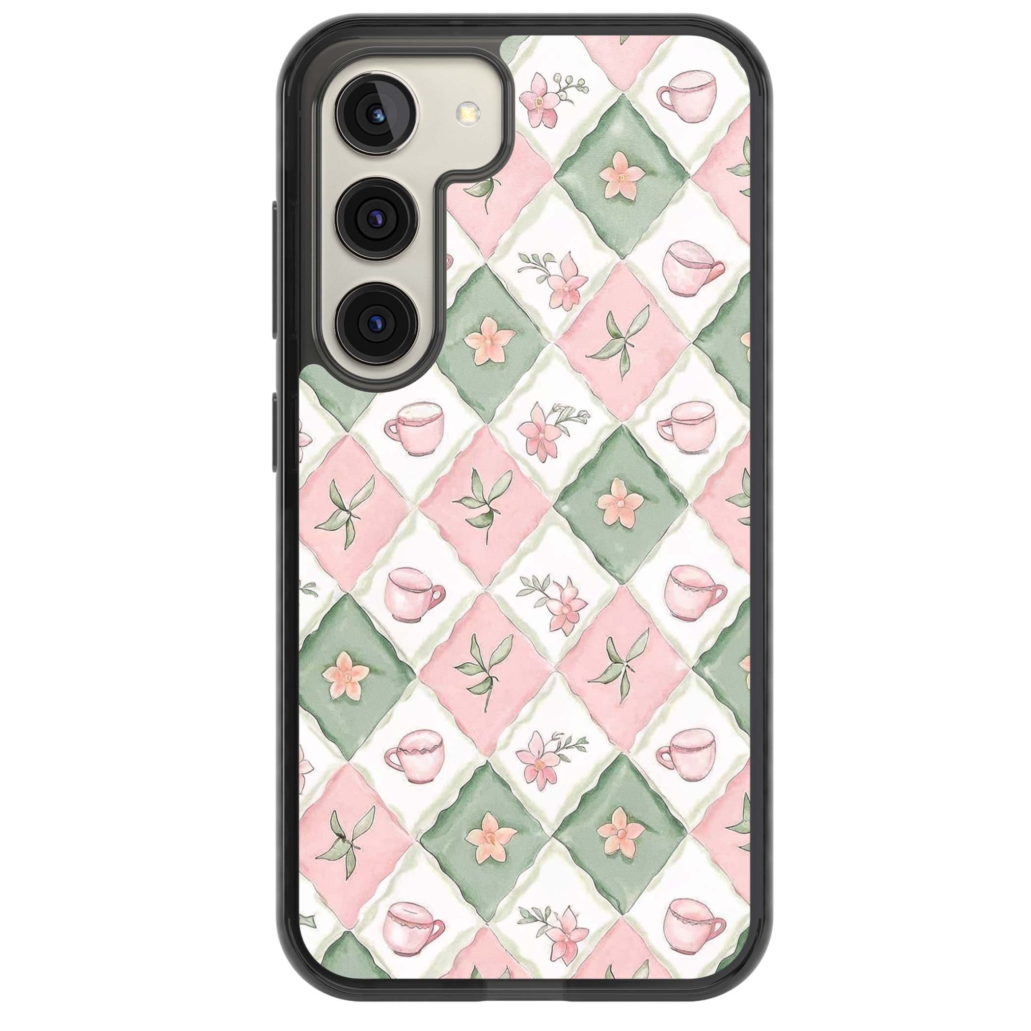 Garden Tea Party coquette iPhone case with pink and green checkered pattern, watercolour teacups and wildflowers | Black Impact case for Samsung Galaxy S24, Samsung Galaxy S23, Samsung Galaxy S22