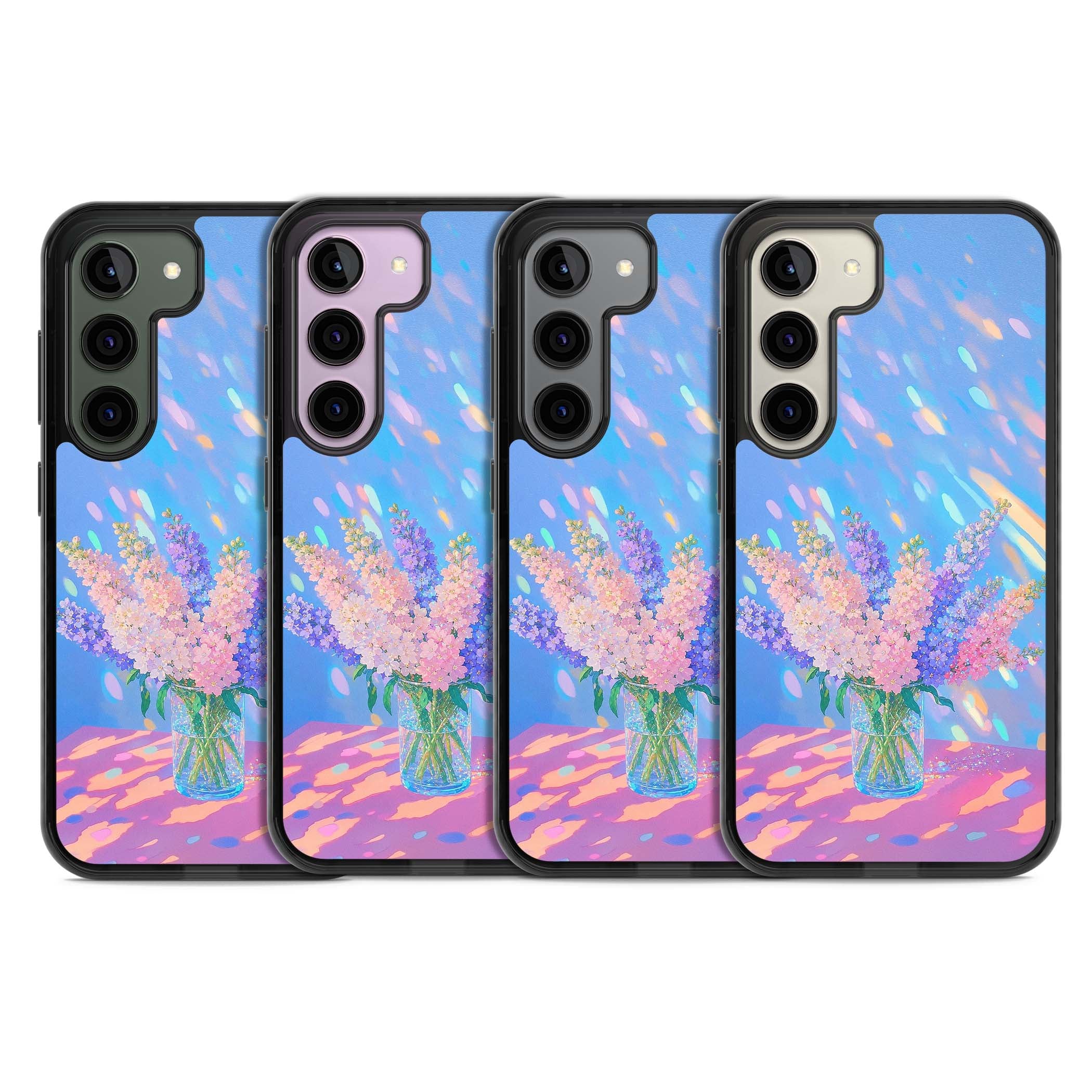 Bubblegum Flowers floral iPhone case featuring pastel lilac and pink bouquet in a glass vase with iridescent light | Black Impact case for Samsung Galaxy S24, Samsung Galaxy S23, Samsung Galaxy S22