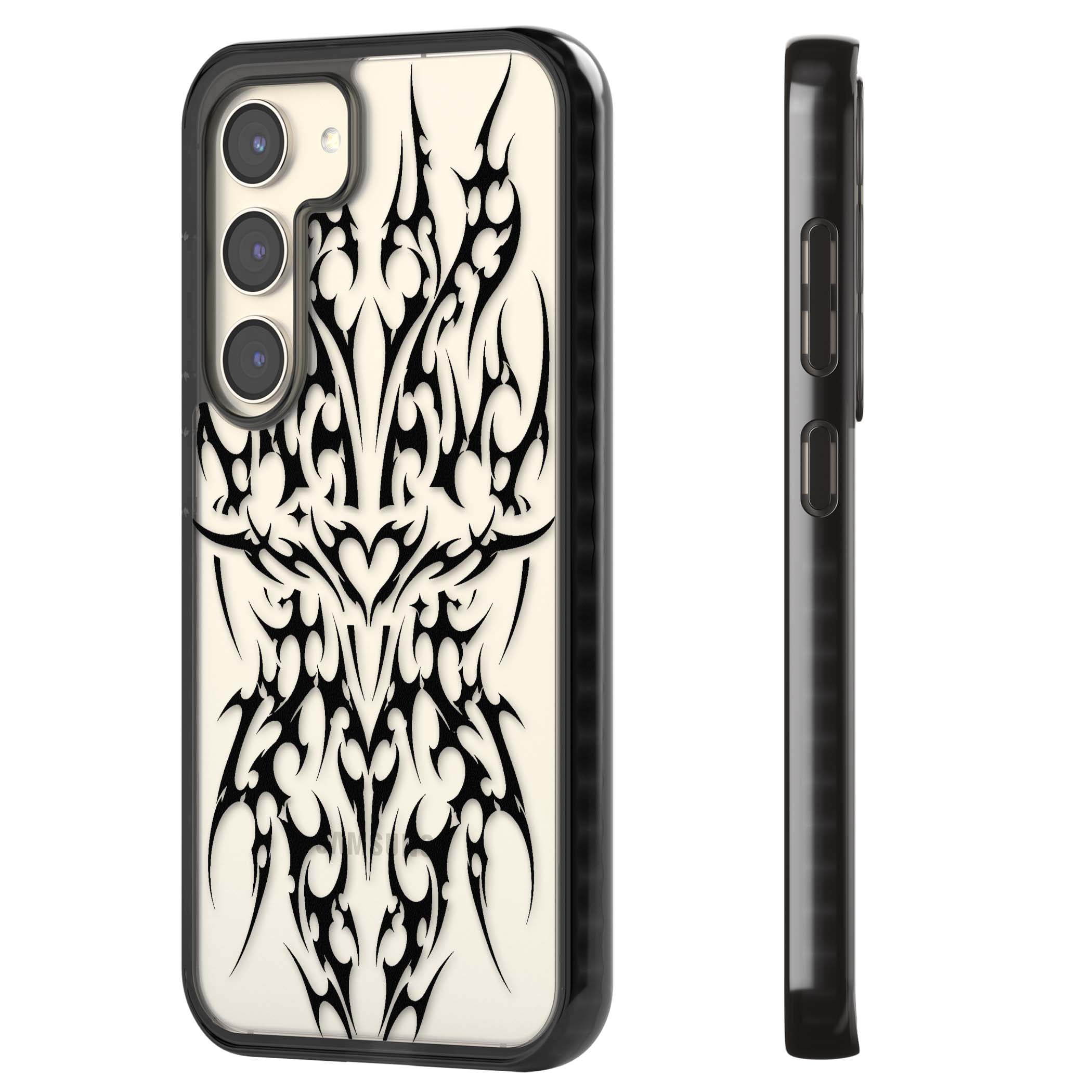 Neo Tribal Heart gothic iPhone case featuring symmetrical black tribal tattoo art with sharp thorn-like linework | Black Impact case for Samsung Galaxy S24, Samsung Galaxy S23, Samsung Galaxy S22
