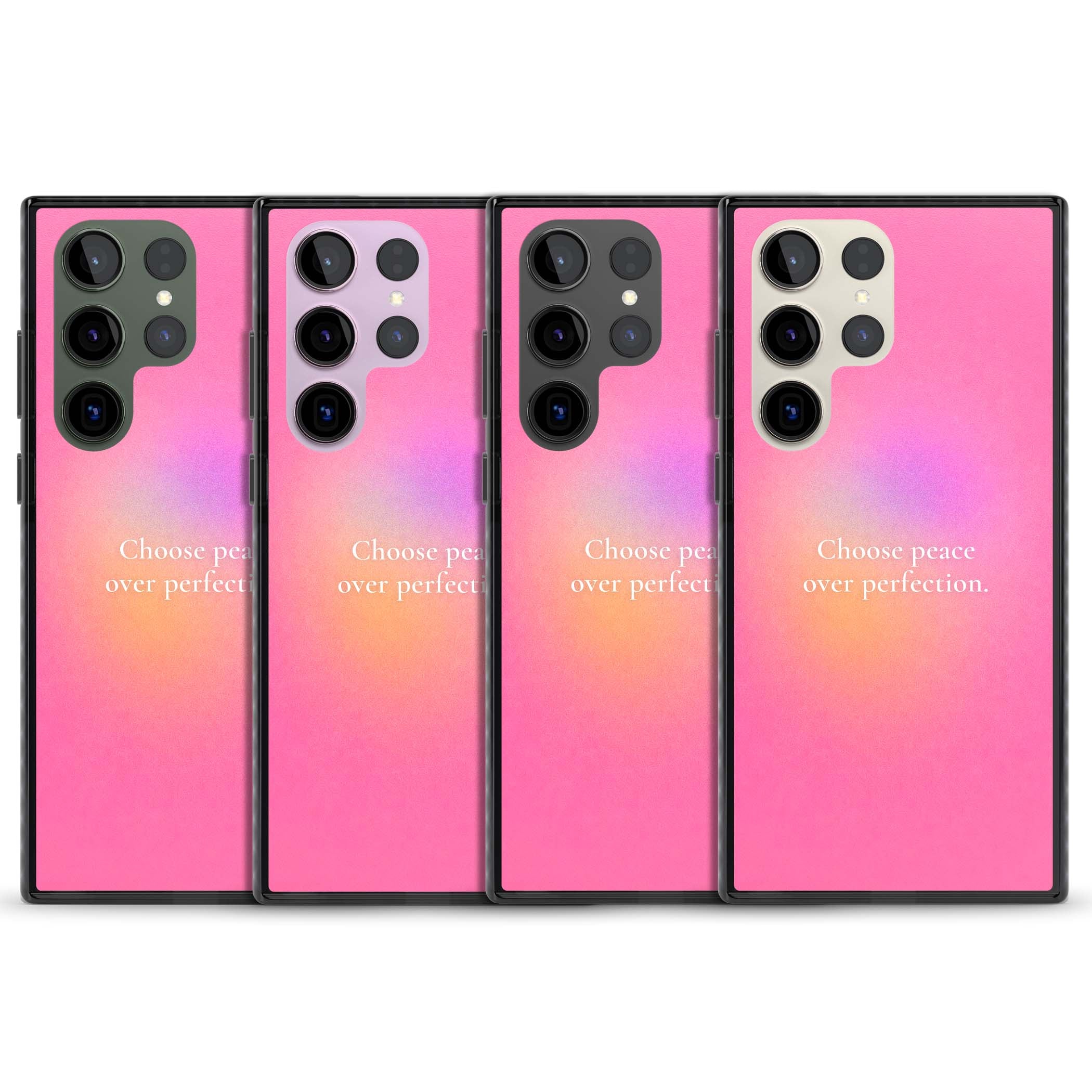 Peace Over Perfection quote iPhone case featuring a dreamy pink aura gradient and delicate white affirmation text | Black Impact case for Samsung Galaxy S24 Ultra, Samsung Galaxy S23 Ultra, Samsung Galaxy S22 Ultra