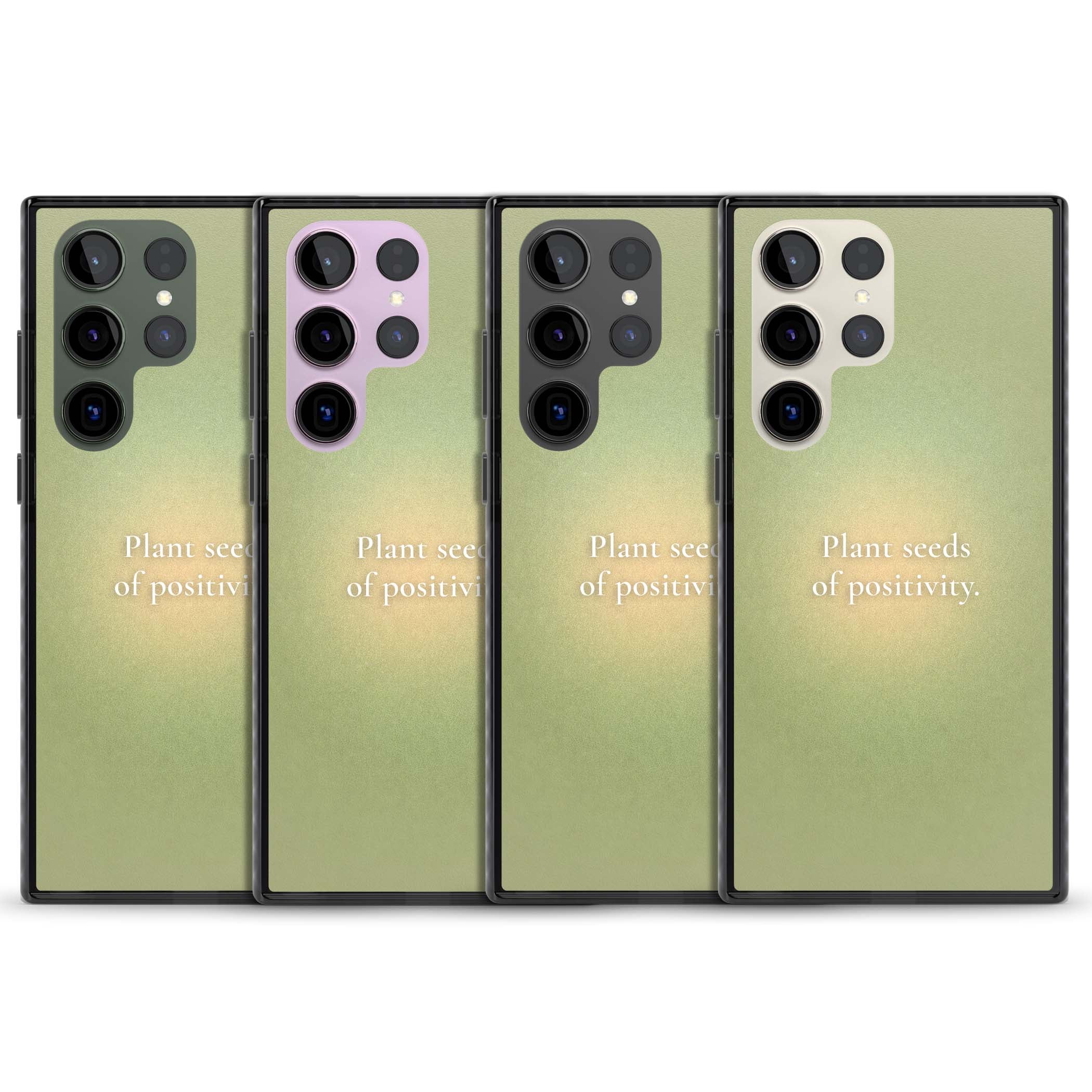 Seeds of Positivity quote iPhone case featuring a sage green aura gradient and golden glow affirmation | Black Impact case for Samsung Galaxy S24 Ultra, Samsung Galaxy S23 Ultra, Samsung Galaxy S22 Ultra