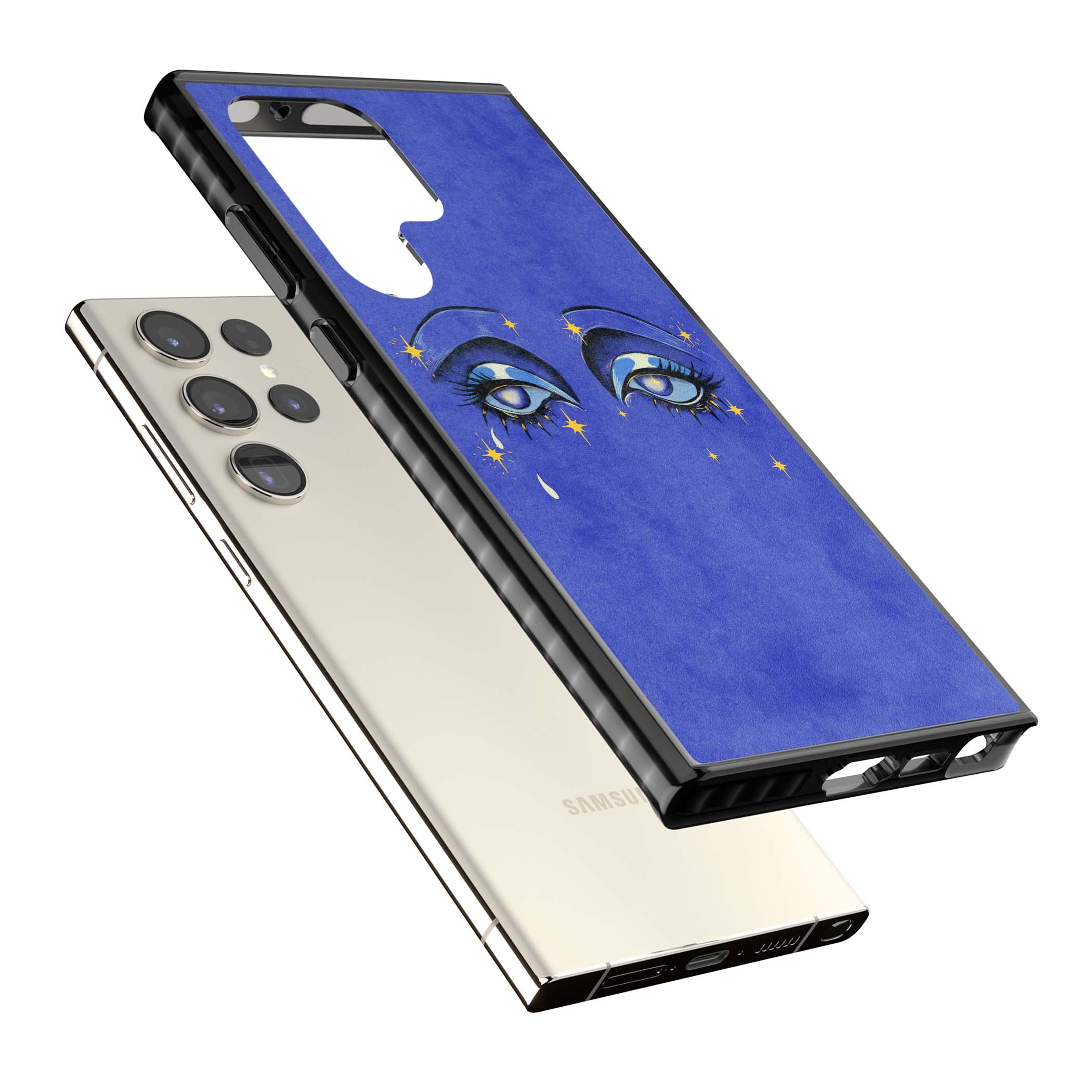 Blue Mystic Eyes celestial iPhone case featuring hand drawn blue mystical eyes, golden stars and a painted tear on indigo | Black Impact case for Samsung Galaxy S24 Ultra, Samsung Galaxy S23 Ultra, Samsung Galaxy S22 Ultra