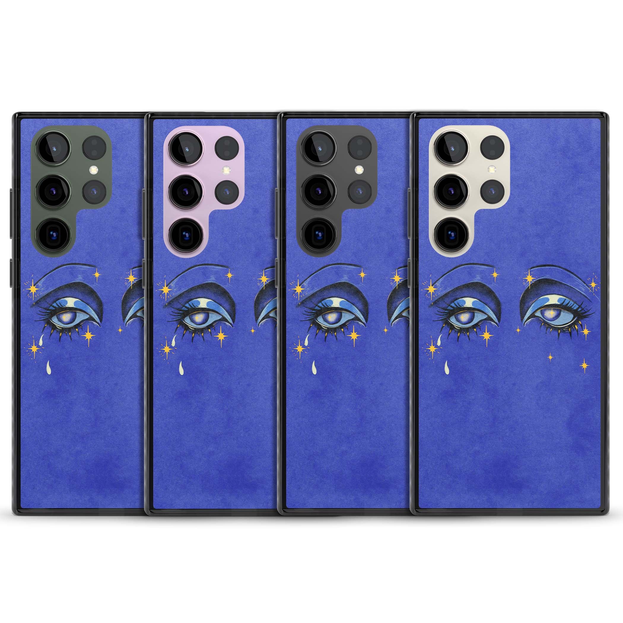 Blue Mystic Eyes celestial iPhone case featuring hand drawn blue mystical eyes, golden stars and a painted tear on indigo | Black Impact case for Samsung Galaxy S24 Ultra, Samsung Galaxy S23 Ultra, Samsung Galaxy S22 Ultra