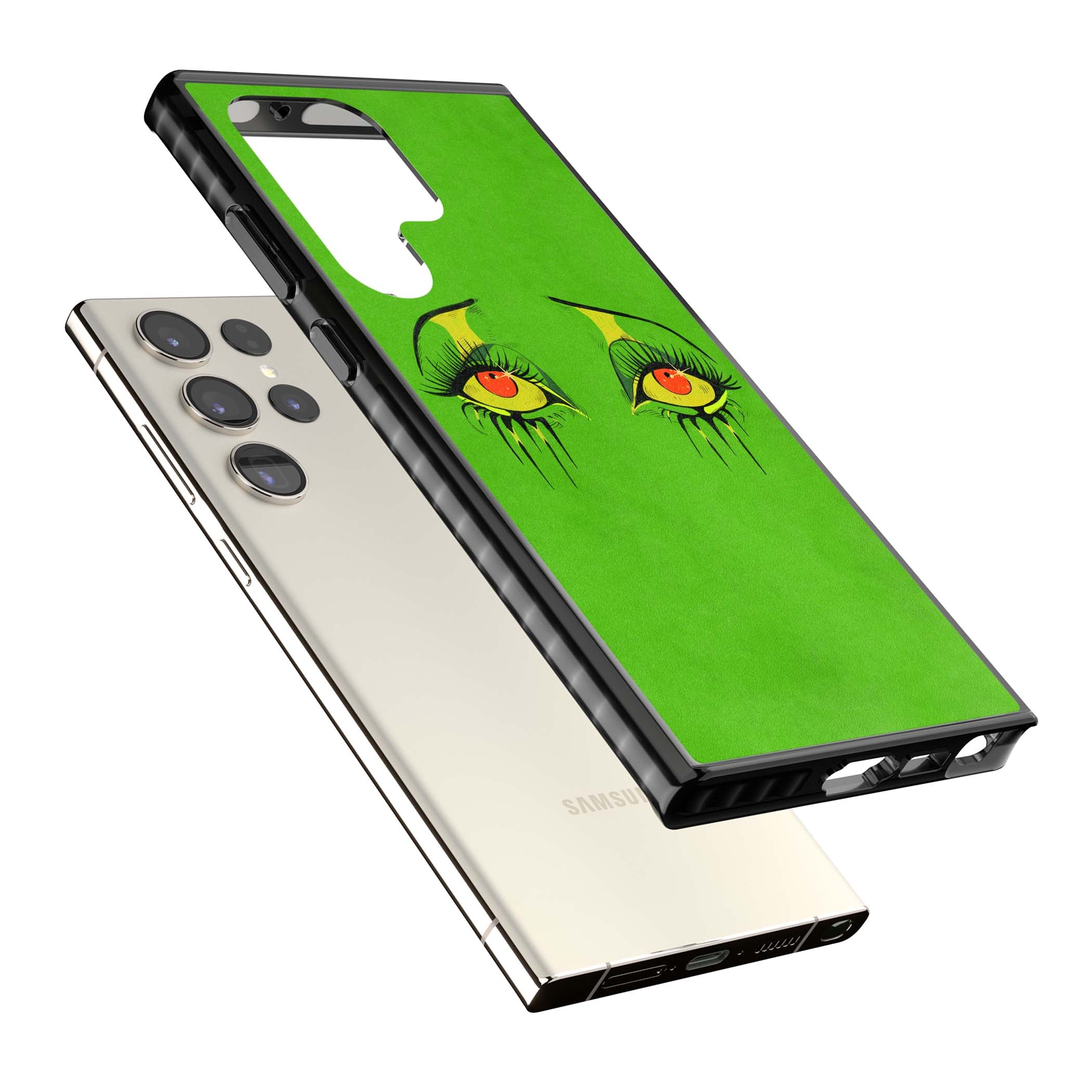 Green Enchanted Eyes psychedelic art iPhone case featuring hand-drawn dripping eyes on neon green background | Black Impact case for Samsung Galaxy S24 Ultra, Samsung Galaxy S23 Ultra, Samsung Galaxy S22 Ultra