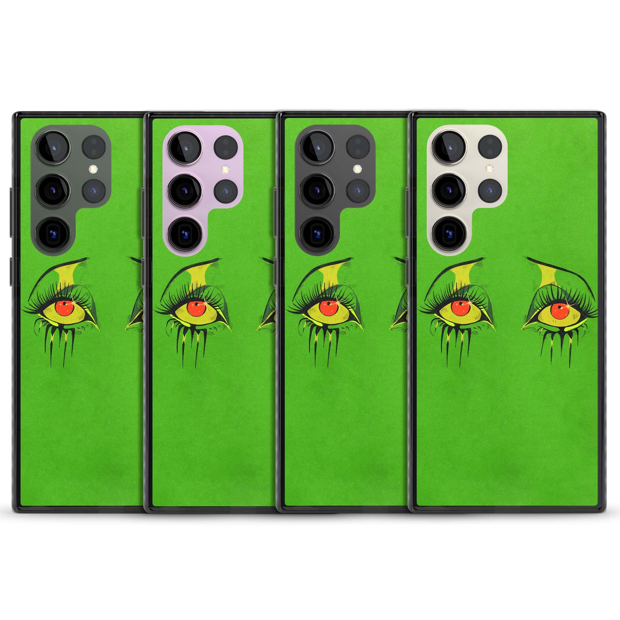 Green Enchanted Eyes psychedelic art iPhone case featuring hand-drawn dripping eyes on neon green background | Black Impact case for Samsung Galaxy S24 Ultra, Samsung Galaxy S23 Ultra, Samsung Galaxy S22 Ultra