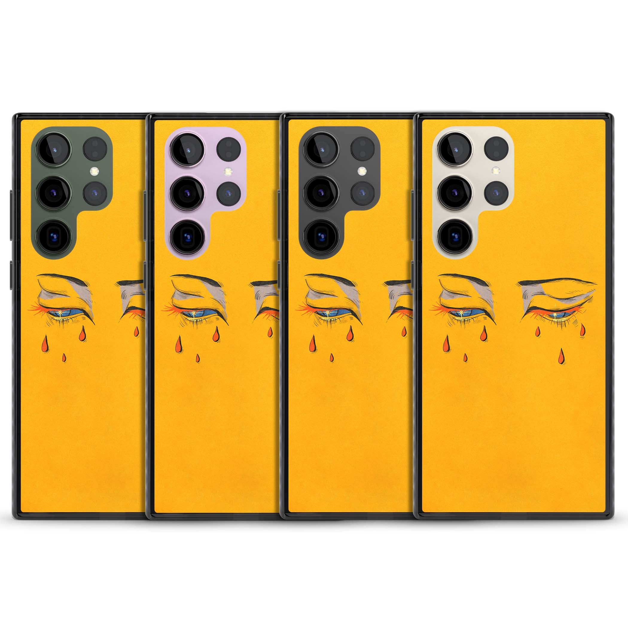 Yellow Tearful Eyes indie iPhone case featuring hand-drawn crying eyes with orange tears on a yellow background | Black Impact case for Samsung Galaxy S24 Ultra, Samsung Galaxy S23 Ultra, Samsung Galaxy S22 Ultra