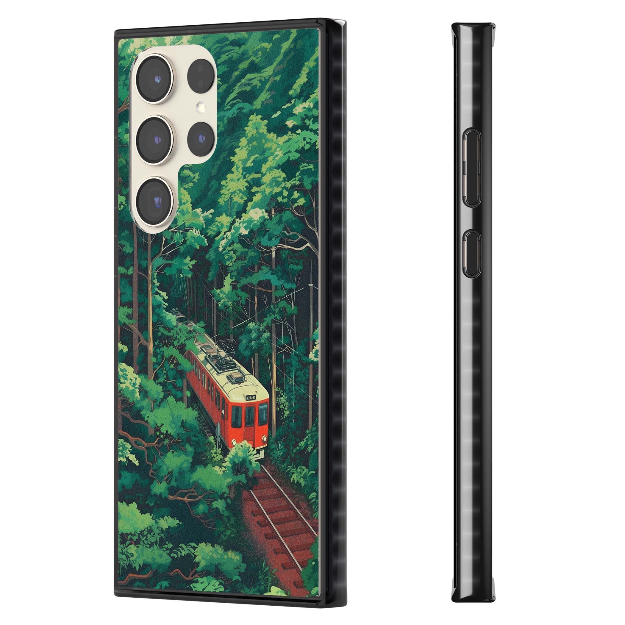 Railway In Toyama Japanese iPhone case featuring a red train, cedar forest and winding mountain railway tracks | Black Impact case for Samsung Galaxy S24 Ultra, Samsung Galaxy S23 Ultra, Samsung Galaxy S22 Ultra