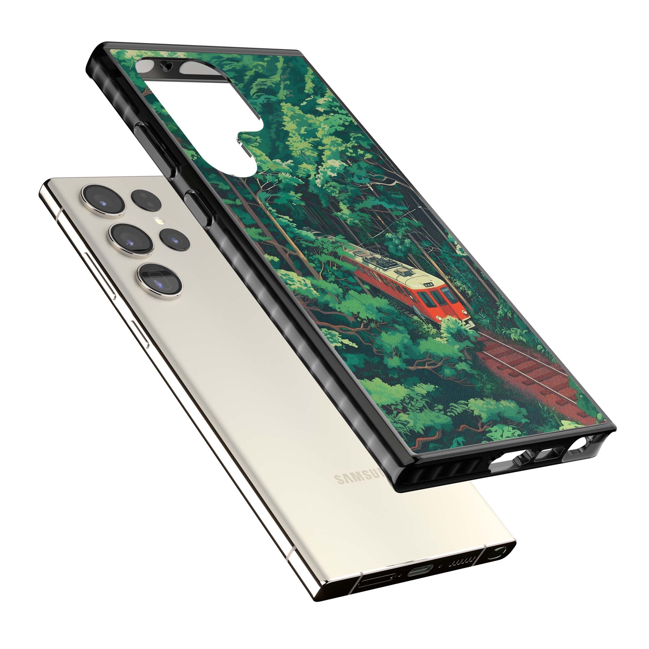 Railway In Toyama Japanese iPhone case featuring a red train, cedar forest and winding mountain railway tracks | Black Impact case for Samsung Galaxy S24 Ultra, Samsung Galaxy S23 Ultra, Samsung Galaxy S22 Ultra