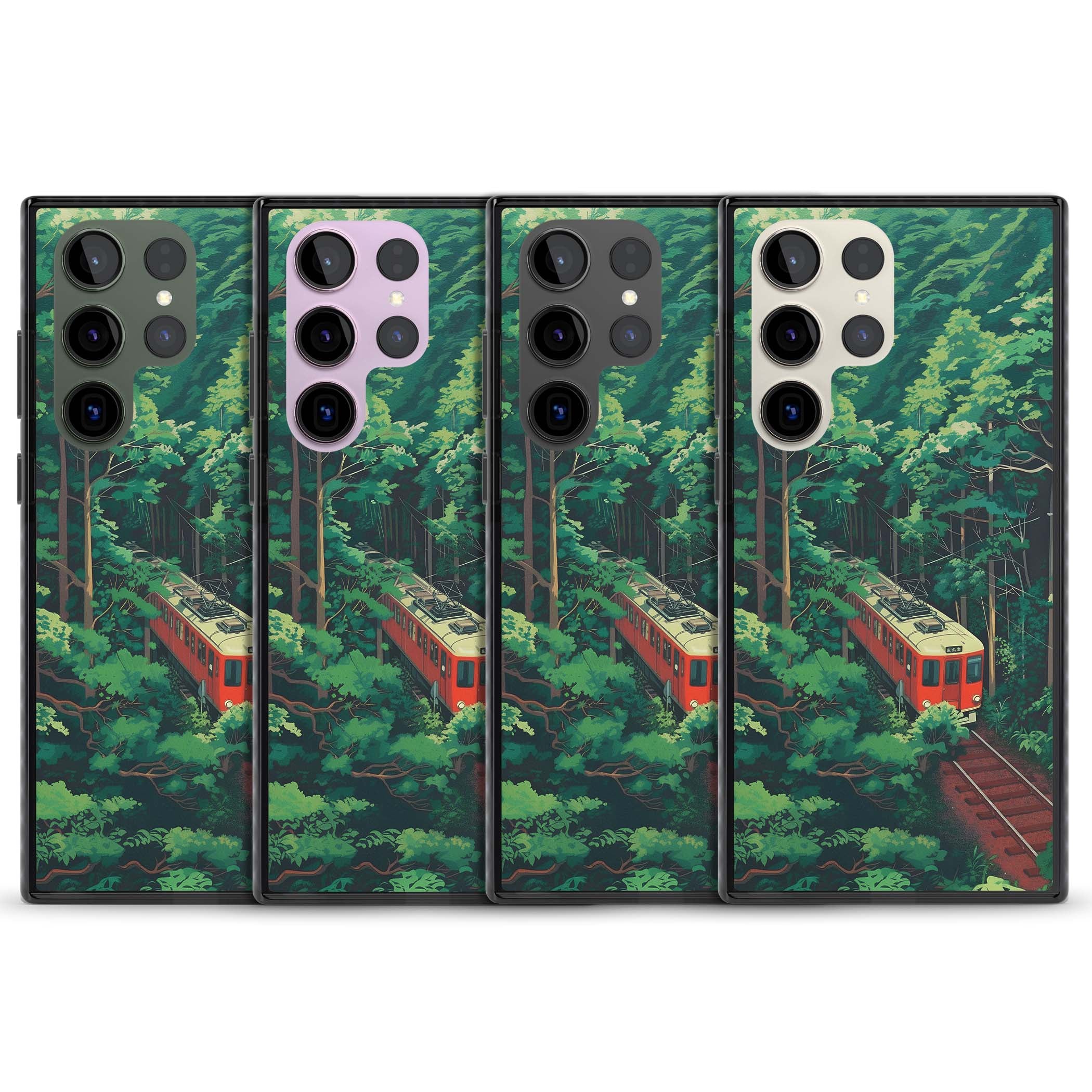 Railway In Toyama Japanese iPhone case featuring a red train, cedar forest and winding mountain railway tracks | Black Impact case for Samsung Galaxy S24 Ultra, Samsung Galaxy S23 Ultra, Samsung Galaxy S22 Ultra