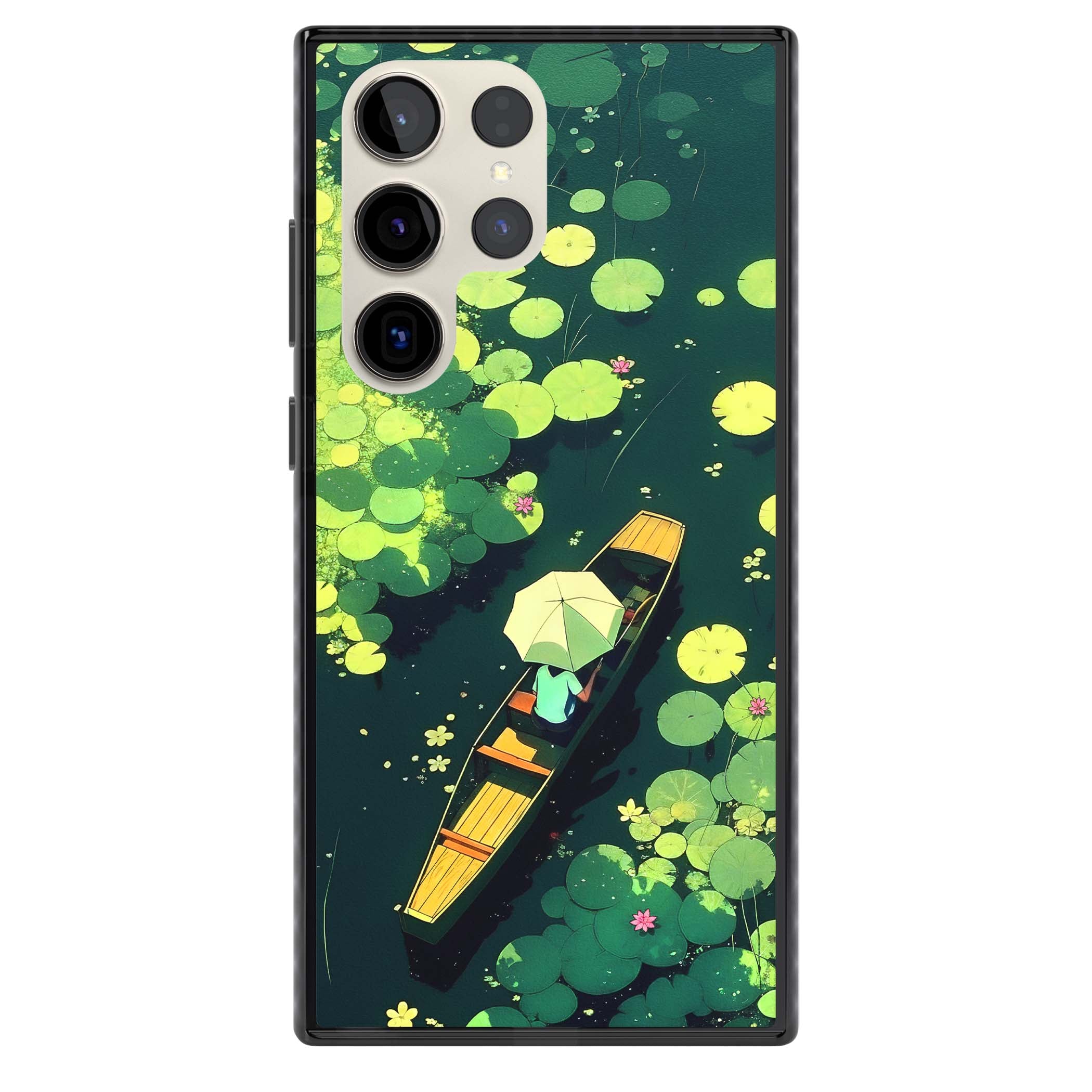 Jade Waters cottagecore iPhone case featuring a painted lily pond, wooden boat with parasol and floating water lilies | Black Impact case for Samsung Galaxy S24 Ultra, Samsung Galaxy S23 Ultra, Samsung Galaxy S22 Ultra