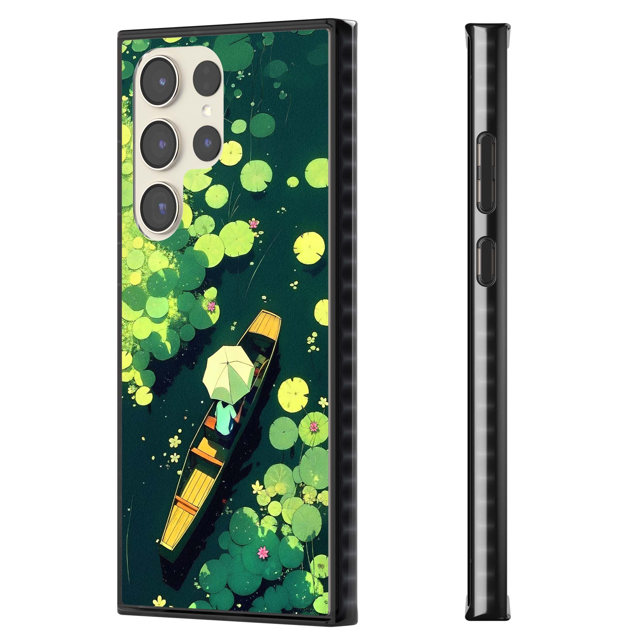 Jade Waters cottagecore iPhone case featuring a painted lily pond, wooden boat with parasol and floating water lilies | Black Impact case for Samsung Galaxy S24 Ultra, Samsung Galaxy S23 Ultra, Samsung Galaxy S22 Ultra